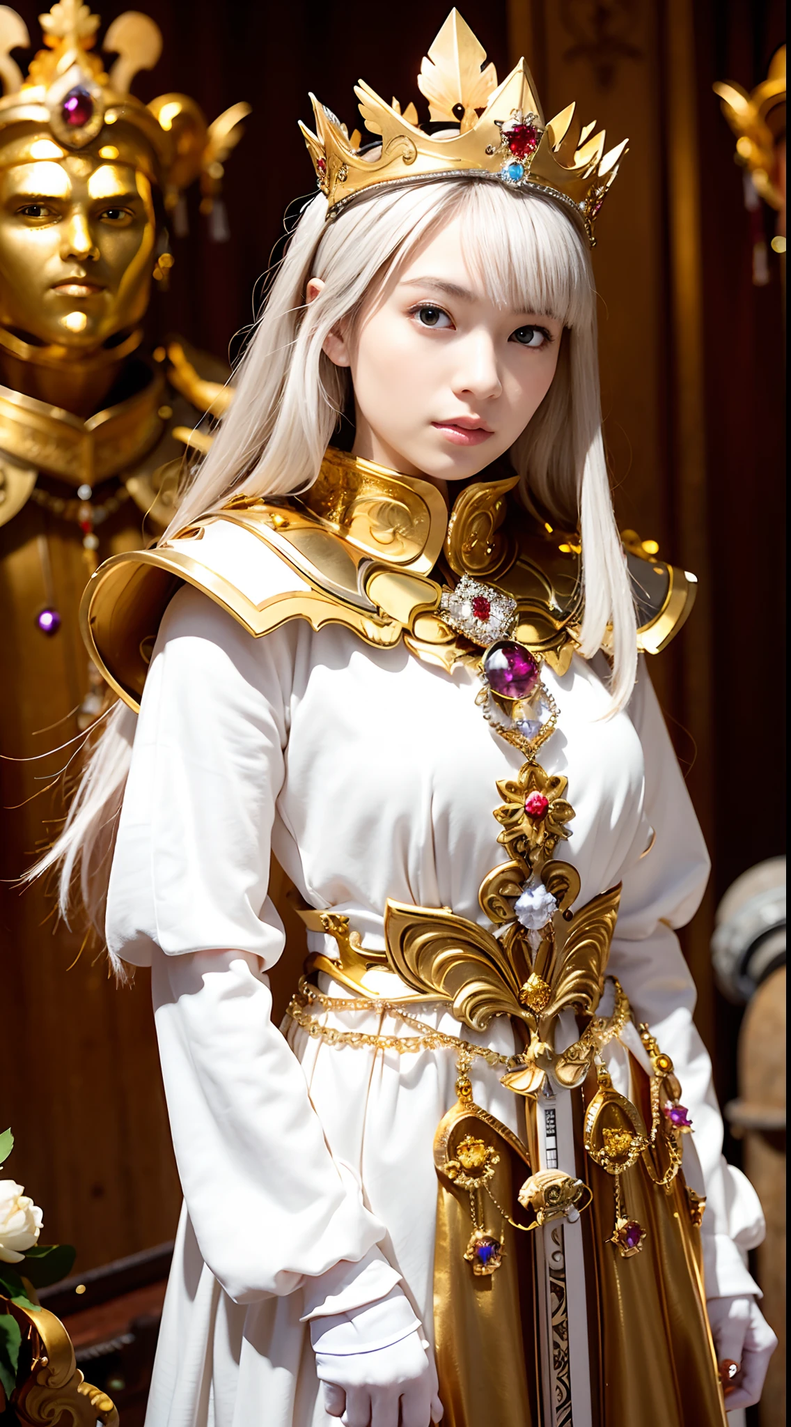 (masutepiece), Professional , masterpiece、top-quality、photos realistic , depth of fields (Gemstone Silver Metal Body:1.9),(Matte White、Jewel Gold Weapon(Jewel Metal Body:1.4),Gorgeous metal weapons , Detailed Sword of the Brave , Beautiful knife ,warhammer 40k , adepta sororitas,(Army of monsters background),Detail and ornate jewel crown、Black hair、Gangle's forest background、Beautiful Caucasian beauty、1a person、dynamic ungle,(((Detailed and ornate diamond crown)))、Smaller head、A smile、Take a sexy pose、Background inside the castle、Thin and beautiful female hands、Old ancient ruins、A smile、cleavage of the breast、