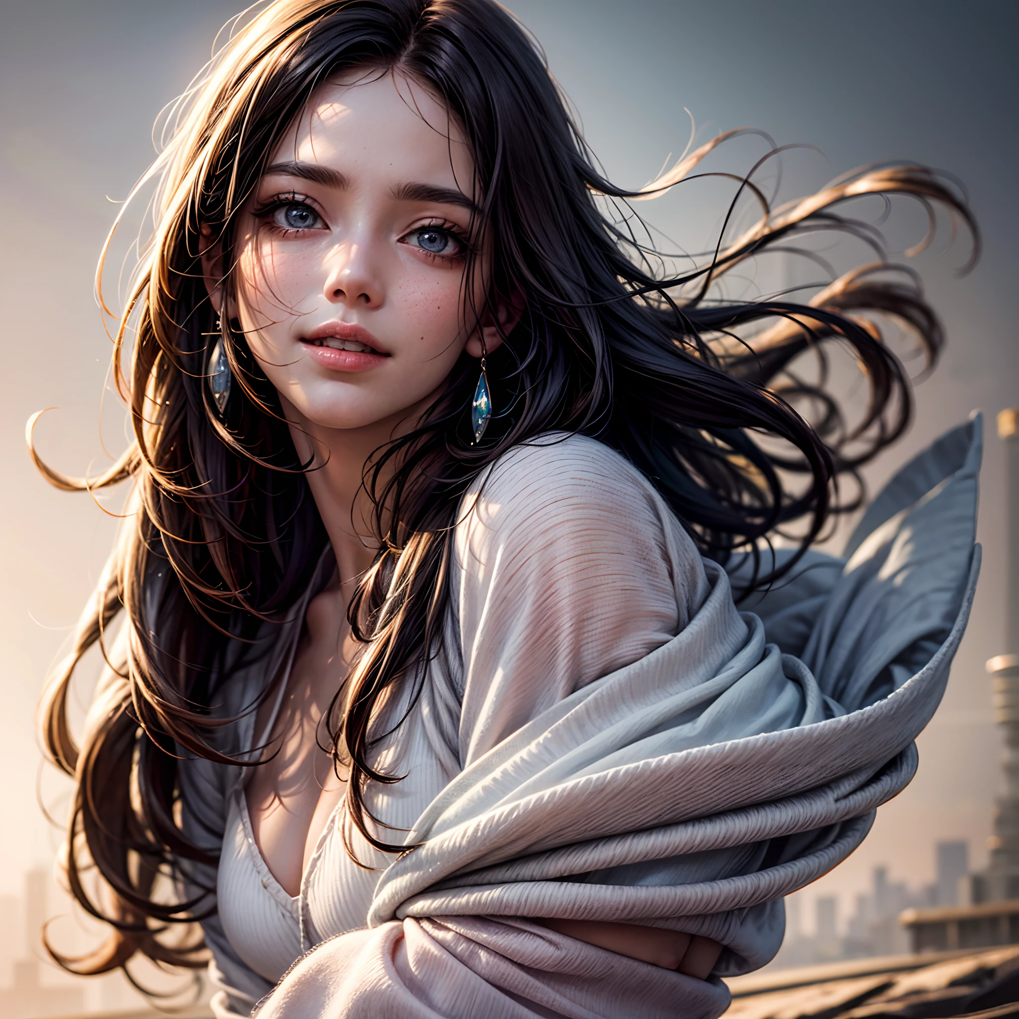 (best quality,highres,masterpiece:1.2),ultra-detailed,(realistic,photorealistic,photo-realistic:1.37),portraits,sharp focus,vivid colors,beautiful detailed eyes,beautiful detailed lips,longeyelashes,hair flowing in the wind,rosy cheeks,soft and smooth skin,natural-looking eyebrows,sparkling eyes with intricate details,tiny wrinkles around the eyes and mouth,subtle blush on the face,warm and inviting smile,detailed eyelashes with volume and length,sparkling highlights in the eyes,sunlit studio lighting,subtle atmospheric haze,delicate shadows on the face,impeccable skin texture,expressive facial features,life-like expressions,captivating gaze,pure joy and happiness radiating from the eyes and face, back lighting, 14 yo, Japanese,