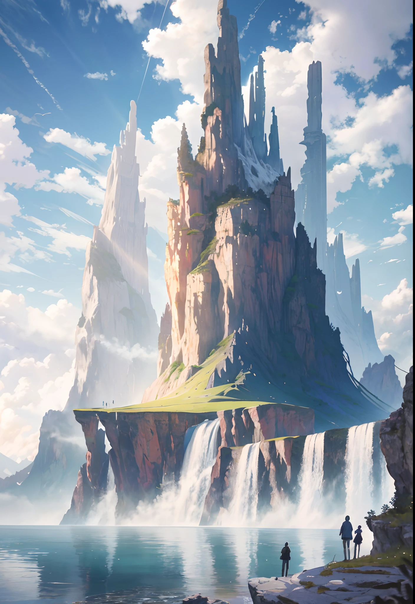 Masterpiece, Top quality, High quality, Highly detailed CG unity 8k wallpaper, Scenery, Outdoors, Sky, Clouds, Sun, No people, Mountains, Scenery, Water, Trees, Blue sky, Waterfalls, Cliffs, Nature, Lakes, Rivers , cloudy sky, award-winning photography, bokeh, depth of field, HDR, bloom, chromatic aberration, photorealistic, highly detailed, artstation trend, CGsociety trend, complex, high detail, dramatic, on the road art