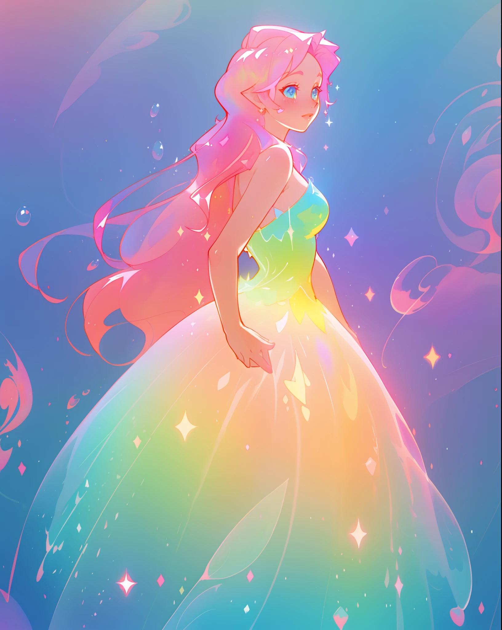 beautiful girl in sparkling gradient ballgown, long wavy peach pink hair, vibrant pastel colors, (colorful), colorful watercolor background, ethereal, magical lights, sparkling liquid light, inspired by Glen Keane, inspired by Lois van Baarle, disney art style, by Lois van Baarle, glowing aura around her, by Glen Keane, jen bartel, glowing lights! digital painting, flowing glowing hair, glowing flowing hair, beautiful digital illustration, fantasia background, whimsical, magical, fantasy, beautiful face, ((masterpiece, best quality)), intricate details, highly detailed, sharp focus, 8k resolution, sparkling detailed eyes, liquid watercolor