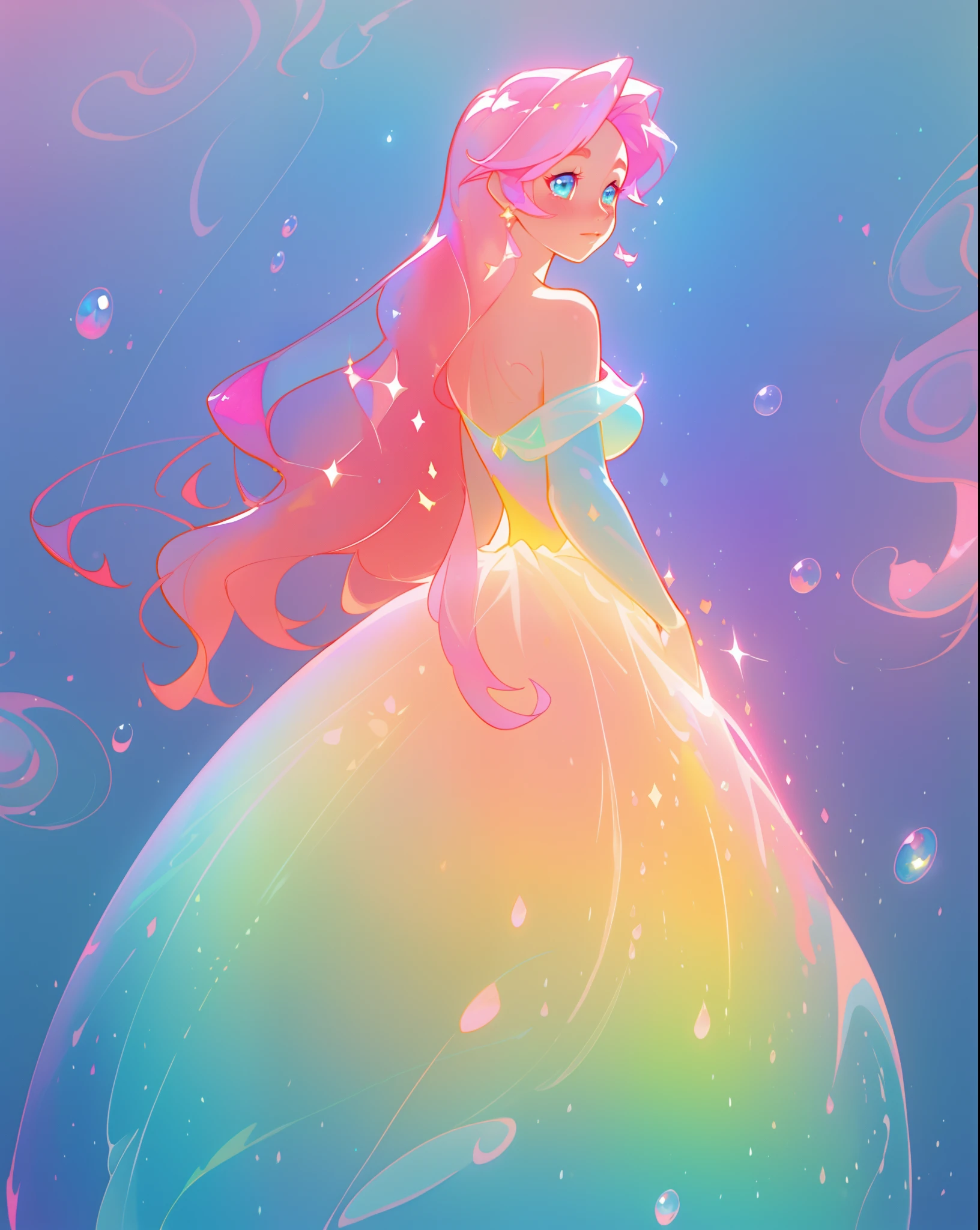 beautiful girl in sparkling gradient ballgown, long wavy peach pink hair, vibrant pastel colors, (colorful), colorful watercolor background, ethereal, magical lights, sparkling liquid light, inspired by Glen Keane, inspired by Lois van Baarle, disney art style, by Lois van Baarle, glowing aura around her, by Glen Keane, jen bartel, glowing lights! digital painting, flowing glowing hair, glowing flowing hair, beautiful digital illustration, fantasia background, whimsical, magical, fantasy, beautiful face, ((masterpiece, best quality)), intricate details, highly detailed, sharp focus, 8k resolution, sparkling detailed eyes, liquid watercolor