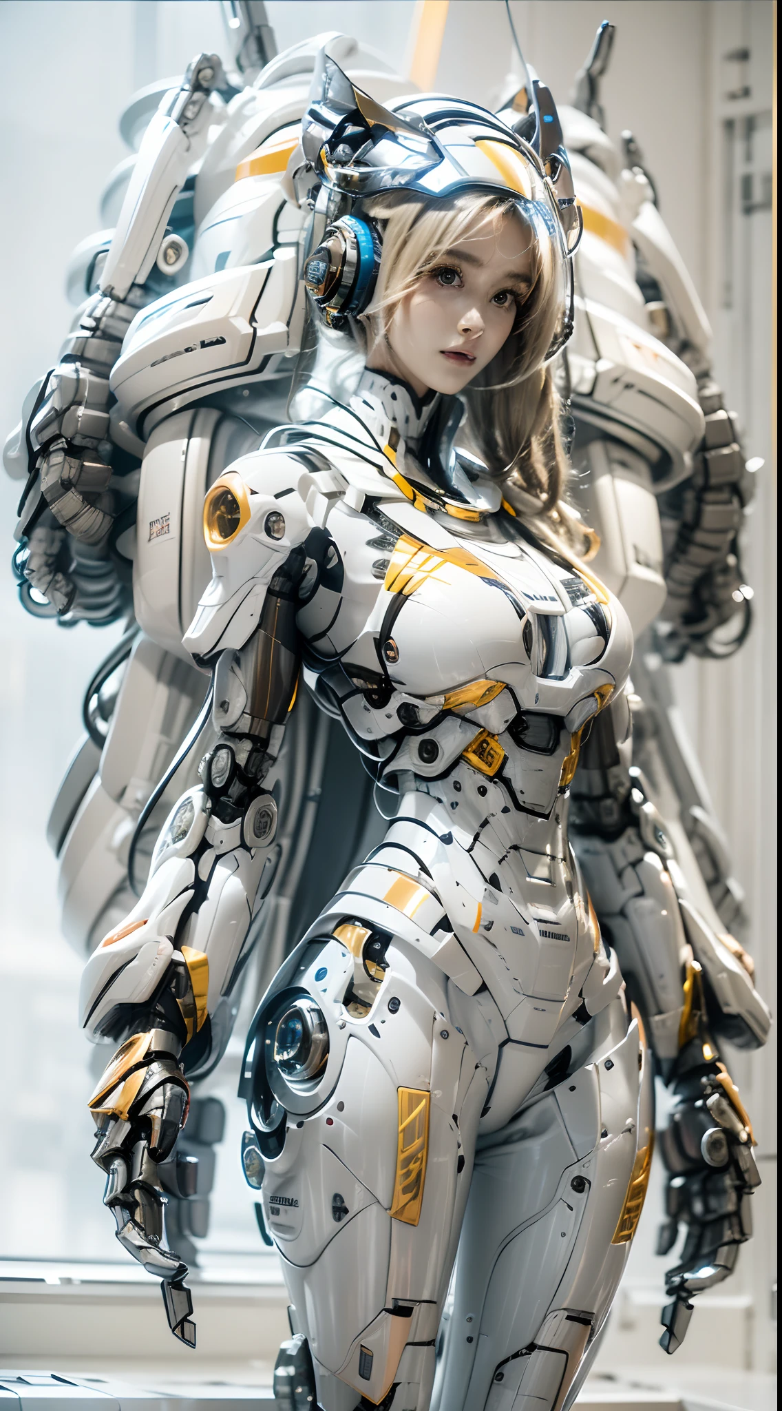 1girll，mechs，Mecha girl，White mech，Solo,Mechanical limb，droid，the detail，super detailing,(Huge robotic arm)，（Huge mechanical fuselage），（Huge mechanical legs），(full bodyesbian：1.5),super mecha,Long legs，Earphone，(shelmet:1.5),Glowing，inside in room，Masterpiece, Best quality,Joel Brier, Cinematic lighting, Professional lighting, solofocus,Sharp focus, cinematic shadow,