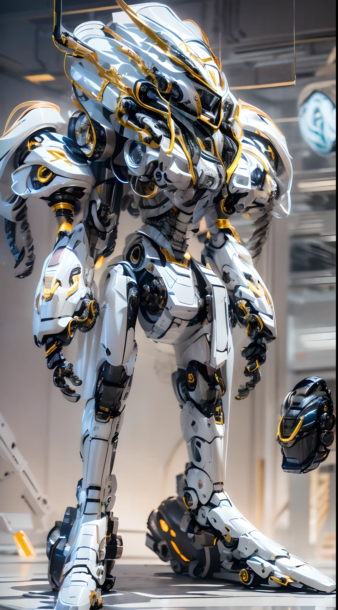 1girll，mechs，Mecha girl，White mech，Solo,Mechanical limb，droid，the detail，super detailing,(Huge robotic arm)，（Huge mechanical fuselage），（Huge mechanical legs），(full bodyesbian：1.5),super mecha,Long legs，Earphone，(shelmet:1.5),Glowing，inside in room，Masterpiece, Best quality,Joel Brier, Cinematic lighting, Professional lighting, solofocus,Sharp focus, cinematic shadow,