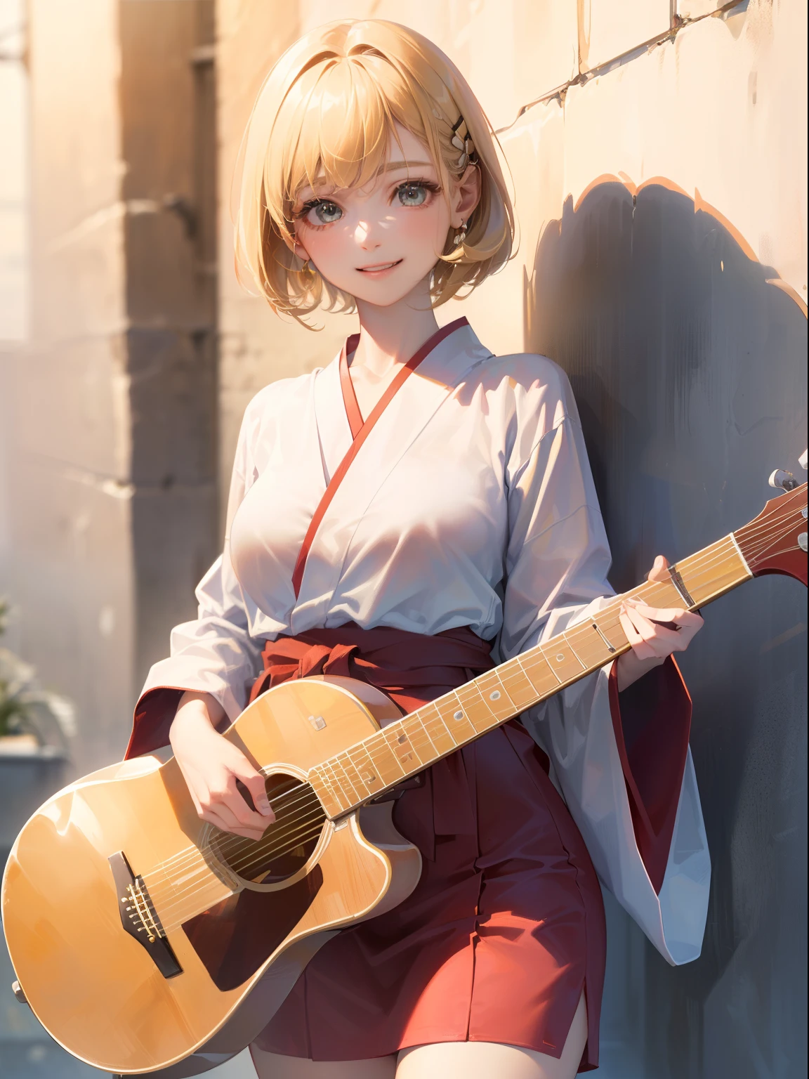 (top-quality, 8K, 32K, masterpiece, nffsw:1.2), (Raw photography), (realisitic), (Photorealsitic:1.2), (hight resolution), ultra-detailliert, extremely beautiful face and eyes, 1girl in, round small face,(((shorth hair)))、 (((short-hair)))、big breasts thin waist、(((I'm wearing a red yukata)))、(((Short hair)))、(((I play folk guitar)))、((Mouth is open))、((Red and yellow yukata))、(((White wall background)))、(((Playing guitar))), (bustshot)、(((I'm blonde)))、(((Wearing a yellow and red yukata)))、(((Fashionable hairstyles for blonde hair)))、A smile、Looks happy、(a closeup、top-quality、high detailing、rich skin detail、nffsw)、(Best Quality, 8K, Oil Painting, masutepiece:1.2), Ultra-detailed, (Realistic, Photorealistic:1.37), (((FULL BODYSHOT)))、Vibrant colors, (((Playing Folk Guitar)))、(((Pure white wall background)))、(((a 20 yo woman)))、(((short-hair)))、(((White background))), (((A smile)))、(((Girly Hairstyles)))、(((short-hair)))、(((In front of a white wall)))、(((A smile)))、(((Smiled face)))、(((The girth of the chest is 85 cm)))、((White teeth are visible))、(((I'm a single woman)))、(((It's a red outfit)))