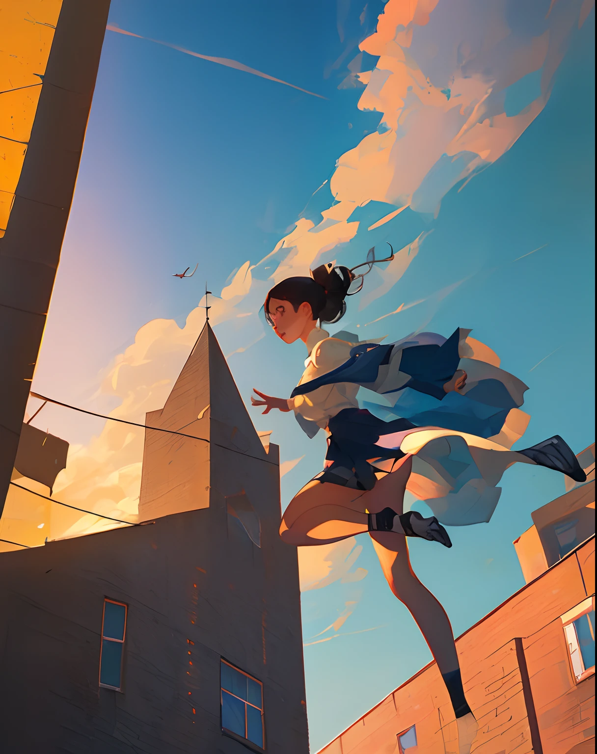 blue-sky High school girl jumping off a building High image quality the setting sun