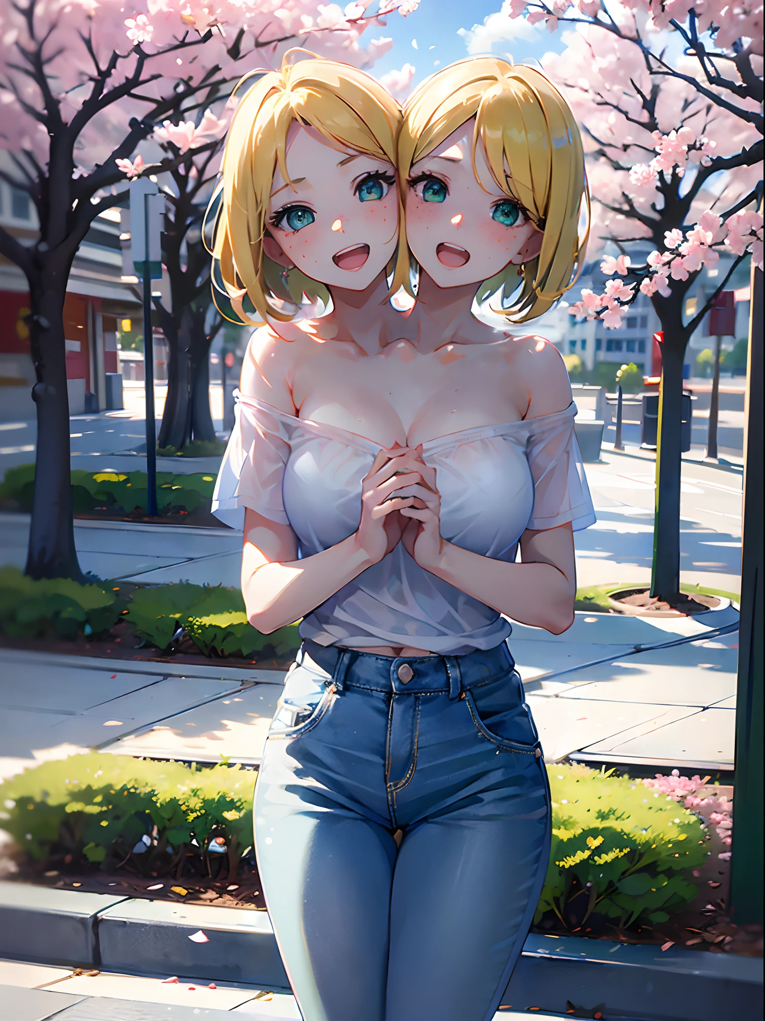 (masterpiece, best quality), best resolution, (2heads:1.5), 1girl, blond hair, short hair, green eyes, freckles, open mouth, love confession, hands folded together, white t-shirt, blue long pants, cherry blossom park, urban street side in background