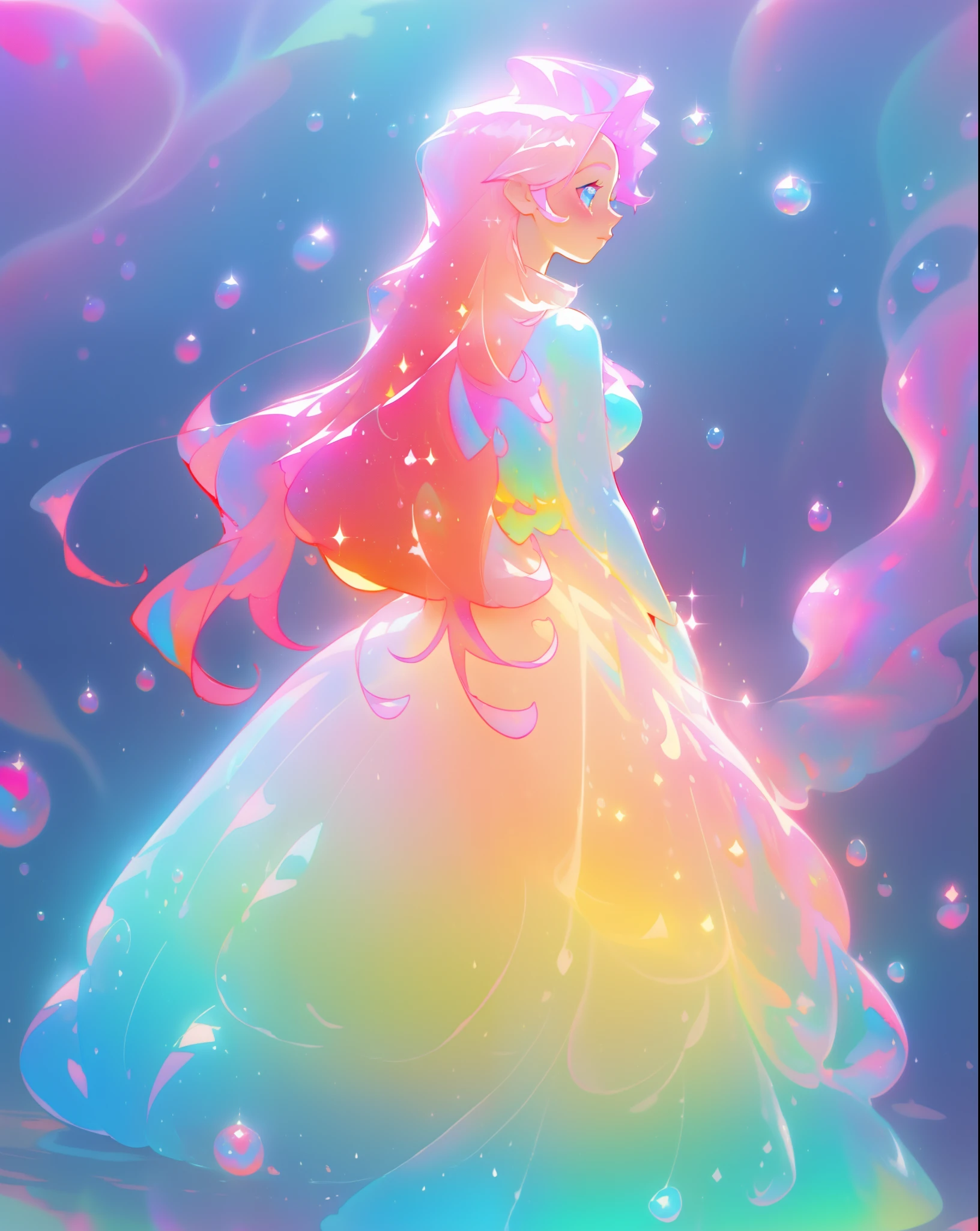 beautiful girl in sparkling gradient ballgown, long wavy peach pink hair, vibrant pastel colors, (colorful), colorful watercolor background, ethereal, magical lights, sparkling liquid light, inspired by Glen Keane, inspired by Lois van Baarle, disney art style, by Lois van Baarle, glowing aura around her, by Glen Keane, jen bartel, glowing lights! digital painting, flowing glowing hair, glowing flowing hair, beautiful digital illustration, fantasia background, whimsical, magical, fantasy, beautiful face, ((masterpiece, best quality)), intricate details, highly detailed, sharp focus, 8k resolution, sparkling detailed eyes, liquid watercolor