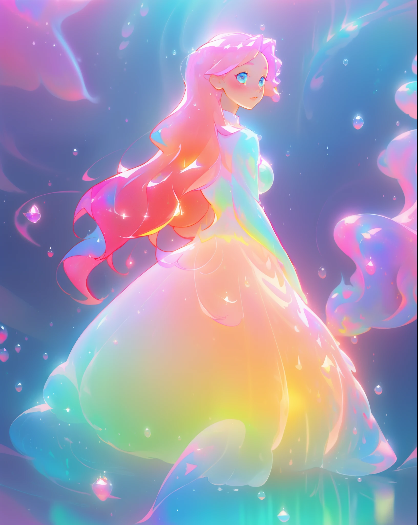 beautiful girl in sparkling gradient ballgown, long wavy peach pink hair, vibrant pastel colors, (colorful), colorful watercolor background, ethereal, magical lights, sparkling liquid light, inspired by Glen Keane, inspired by Lois van Baarle, disney art style, by Lois van Baarle, glowing aura around her, by Glen Keane, jen bartel, glowing lights! digital painting, flowing glowing hair, glowing flowing hair, beautiful digital illustration, fantasia background, whimsical, magical, fantasy, beautiful face, ((masterpiece, best quality)), intricate details, highly detailed, sharp focus, 8k resolution, sparkling detailed eyes, liquid watercolor