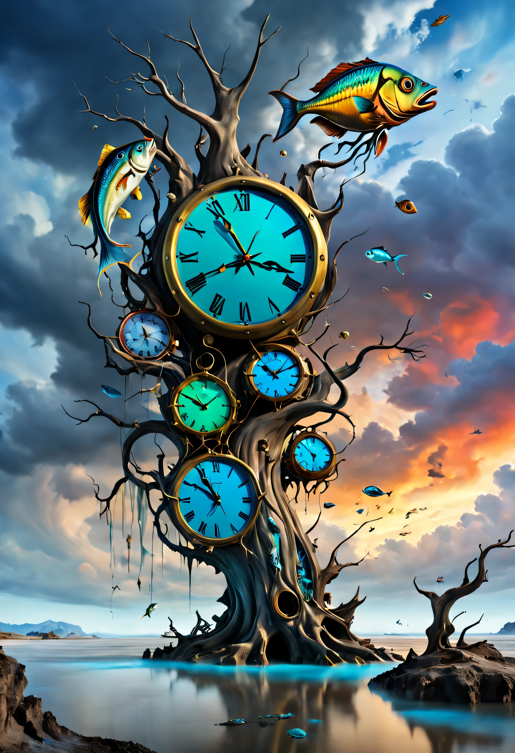 Dali, abstract, liquid-like clocks, cloth-like timepieces, distorted clocks, dead tree, dead fishes, sky,(best quality, 4k, 8k, highres, masterpiece:1.2), ultra-detailed, (realistic, photorealistic, photo-realistic:1.37), HDR, UHD, studio lighting, ultra-fine painting, sharp focus, physically-based rendering, extreme detail description, professional, vivid colors, bokeh, portraits, landscape, horror, anime, sci-fi, photography, concept artists, vibrant colors, surreal, dreamlike, vibrant, surrealism, melting, warped, flowing, time distortion, twisted branches, floating clocks, illusionary, ethereal, fading, haunting, fish skeletons, motionless, cloudy sky, gloomy atmosphere,d4lixl