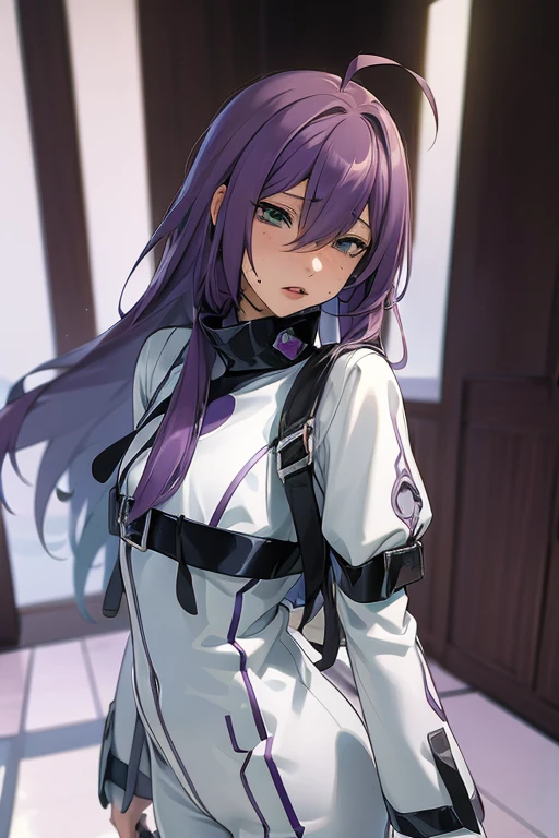long hair, mole under mouth, purple hair, hair between eyes, aqua eyes, parted lips, ahoge, cowboy shot, best quality, ultra high res, 1girl, cosplay, straitjacket, upper body, anime_style