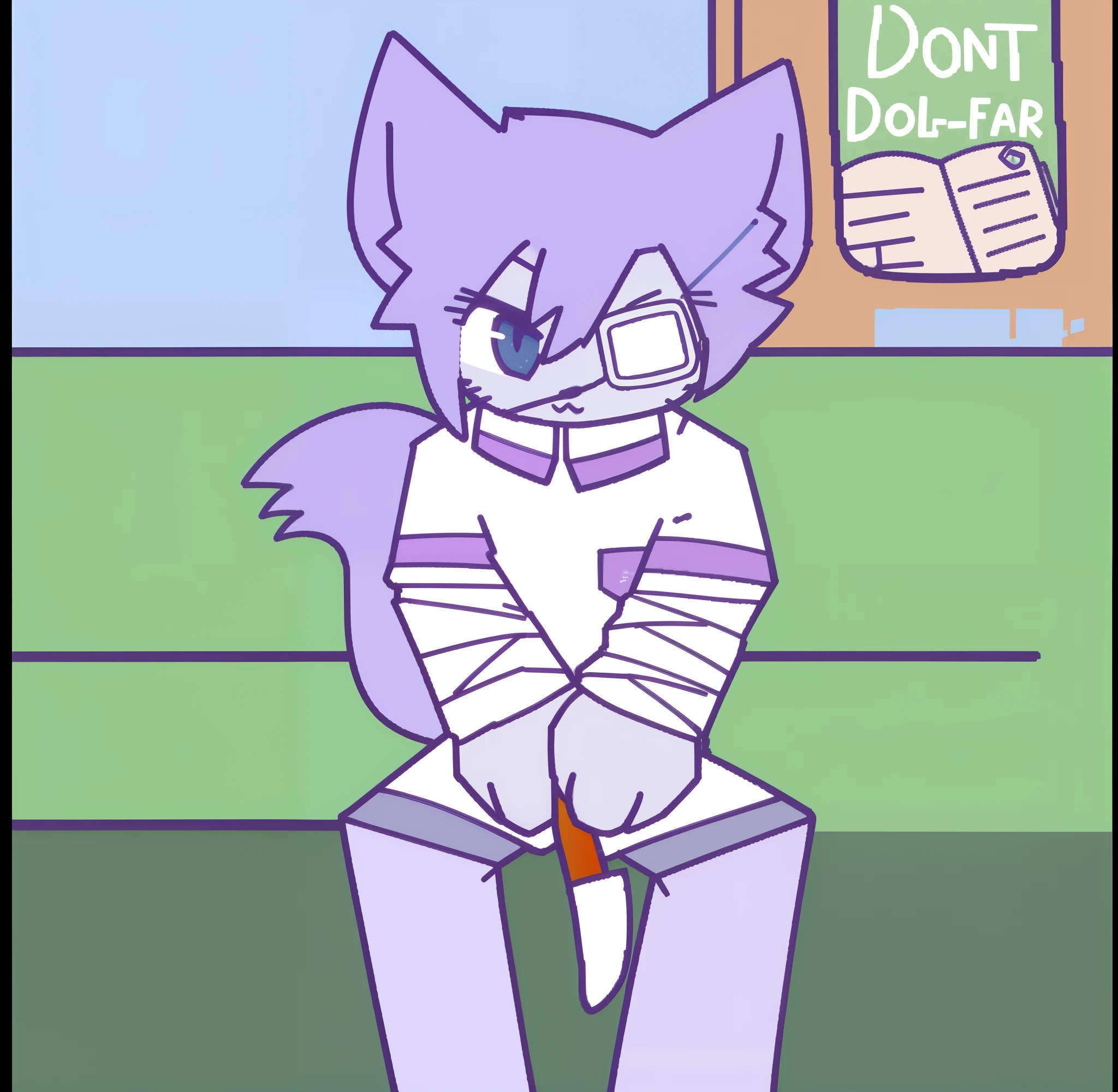 cartoon cat with a striped shirt and tie sitting on a bench, an anthro cat, an anthro fox, (sfw) safe for work, an anthro wolf, sitting down casually, cel - shaded art style, anthro cat, art in the style of joshy sly, covered in bandages, stern looking fox in a lab coat, clean cel shaded