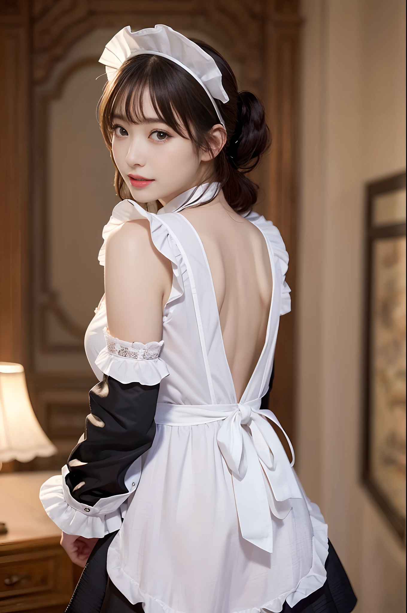 (Masterpiece: 1.3)、High resolution、Super detailed、Highly detailed CG Unity 8k wallpaper、Real、Photorealistic、RAW Photos、Beautiful detailed face、White skin、Realな輝く肌、Detailed Fabric Texture、Detailed Hair Texture、Perfect body、Beautiful Face、correct、解剖学的にcorrect、Highly detailed face and skin texture、Natural neck length、(Beautiful Hands)、(Fair skin:1.2)、Thin legs、Thin legs、BREAK、Detailed and beautiful eyes、Symmetrical eyes、Light brown eyes、double eyelid、Thin eyebrows、(Beautiful and elaborate face,Beautiful and delicate eyes((Detailed maid clothes in black and white:1.2), (large and impressive eyes, Long eyelashes), (Make eye contact with your audience:1.2), Are standing,The skirt flips up and the underwear is visible, White garter belt, Her white panties are in full view, Small Ass, Long and beautiful legs,Big Breasts, (Photographed at the palace, The palace is very bright and luxurious..), Seaweed((Show me your)), ((Stick your butt out)),