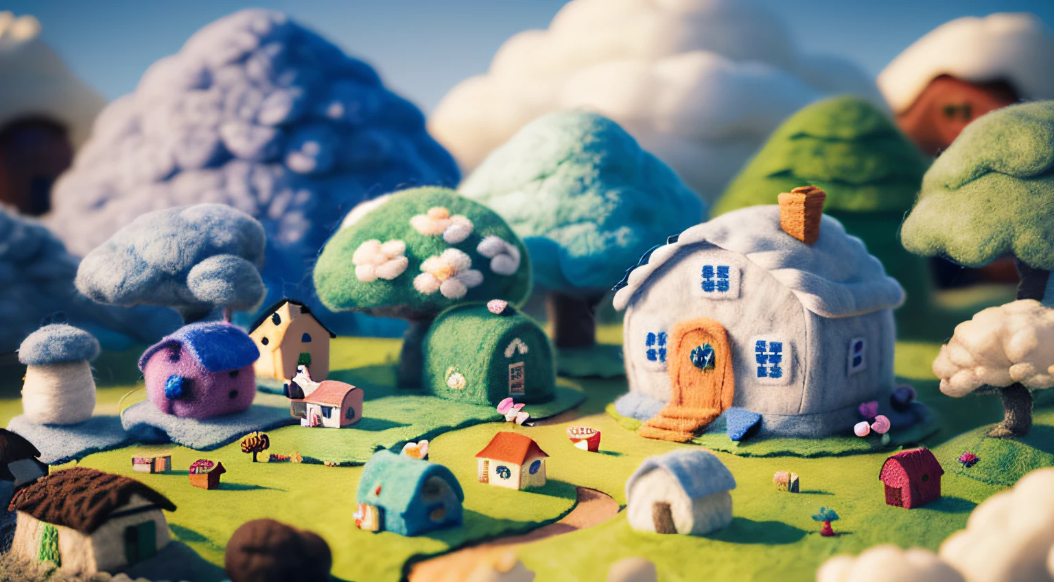 (cute world of wool felt, wool knitted fabric, cartoon), some small houses, farms, flower houses, flowers, stones, trees, super cute, superb lighting, volumetrics, by Jon Klassen, Ghibli Studio style, Tilt - shift, 80mm lens, Large aperture, 3d, blender, masterpiece, super detail, best quality, --v6