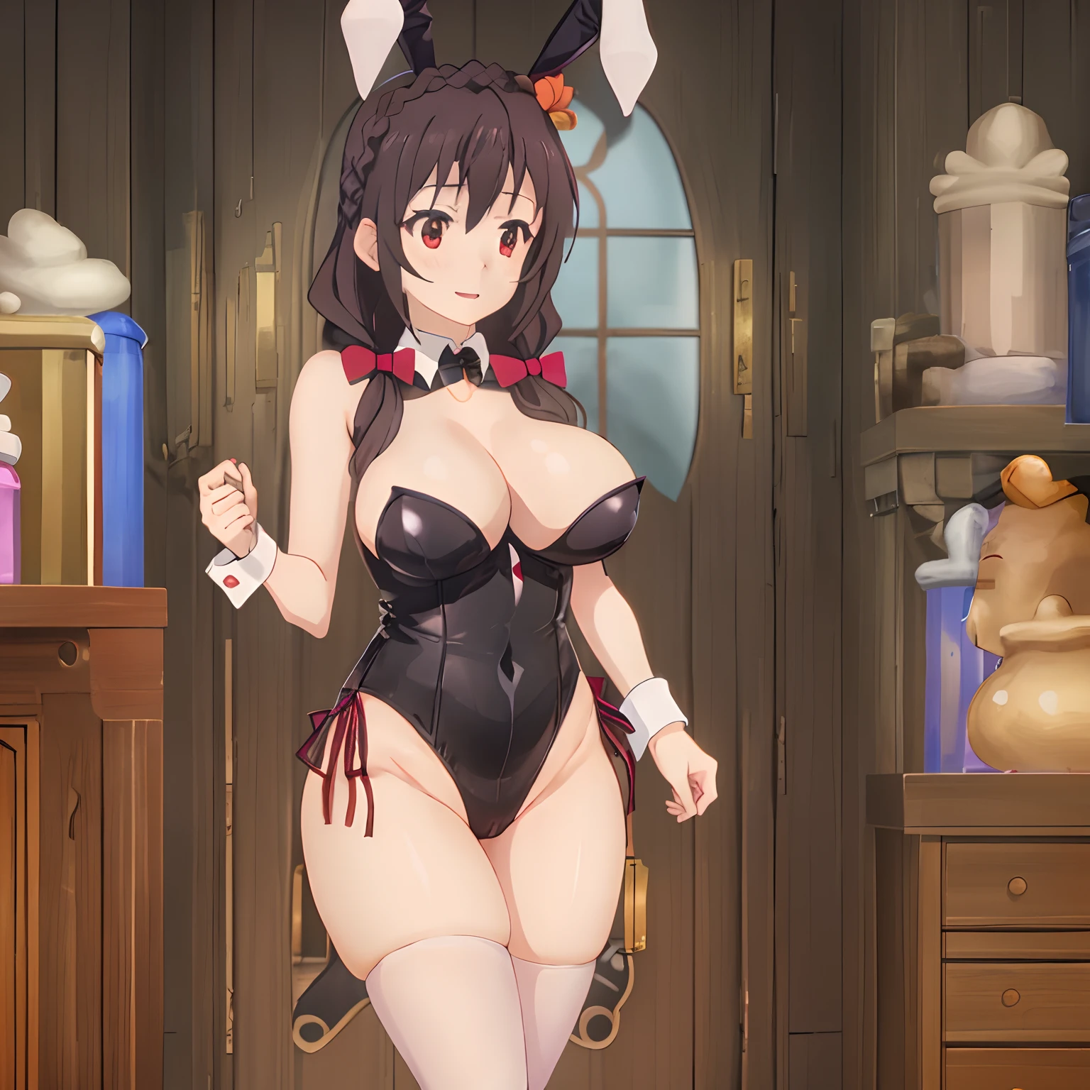 1 girl, alone, Yunyun, focus_only, bangs, braid, braid_crown, hair_bow, hair ornament, red_eyes, big_breasts, wide hips, wide thighs, playboy_bunny Black, rabbit ears,