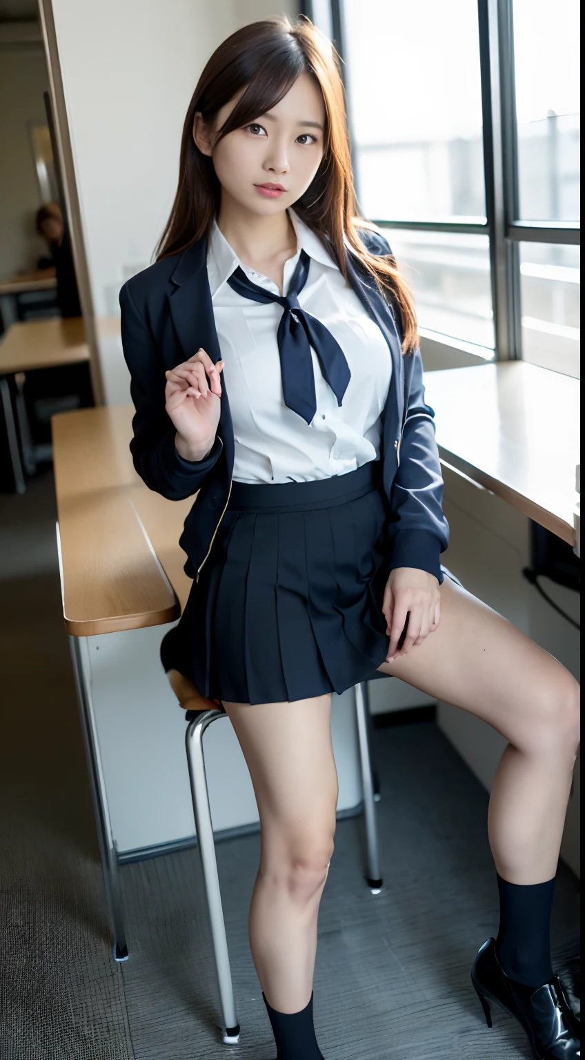 (16 K, Raw photography, Top image quality, ​masterpiece: 1.45), (realisitic, Photorealsitic: 1.37), one girls, cute little, A city scape,, profetional lighting, photon maping, school classrooms, physically-based renderingt, dark brown  hair,pony tail hairstyle, Well-groomed and beautiful eyes、((二重まぶた))、Transcendent Cute Girl, (((student clothes、blazers、Long sleeve shirt worn by Japan high school girl、Ribbon Ties、Dark blue mini skirt,、Dark blue socks、Black loafers))), Top Quality Photos, hight resolution, 1080p, (clearface), (Detailed face description), (Detailed hand description), (​masterpiece), (Exquisite CG)、extreme light and shadows、dishevled hair、master work、abundant detail、(Fine facial features)、(top quality photo)、(masuter piece)、(A detailed eye)、Look in front of you、Fine clavicle、((Slender big))、(((Japan schoolgirls wear jackets and long-sleeved shirts)))、((Neat and clean idol))、((School Gate、school ground、School building in the background))、(Shooting from random perspectives)、(((Anyway cute)))、耳Nipple Ring、A big smile、Drawing the whole body from the knees、Do not draw nasolabial folds、(((Sports bags used by Japan schoolgirls)))、(Big breasts that hang down big:1.2)、Big buttocks with tension、Two arms and two legs、(((from the front side:0.7)))、bare hand、(((Left and right symmetrical eyes)))、Standing Pose、There are chairs、Put your hands on your desk、Do not take the tie out of the jacket、Raise your buttocks:1.5，barebacked:1.5，