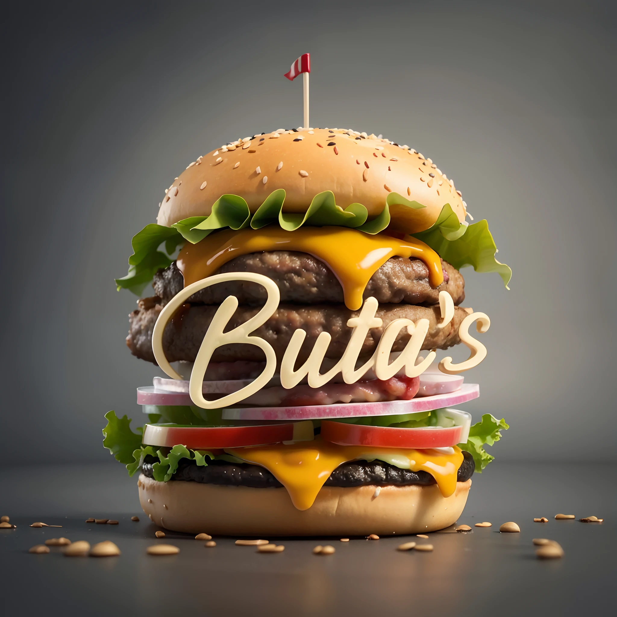 A closeup of a burger with a bun and cheese, burger with a mouth, propaganda de alimentos, Described as a 3D rendering, ultra realistic 3d illustration, renderizado em cinema 4 d, renderizado em cinema4d, imagem de comida super realista, burger, burger with human mouth, Alimentos comerciais 4K, Directed by: Ota Bubenicek, operating on burgers. Escrito "Buta's Burguer"