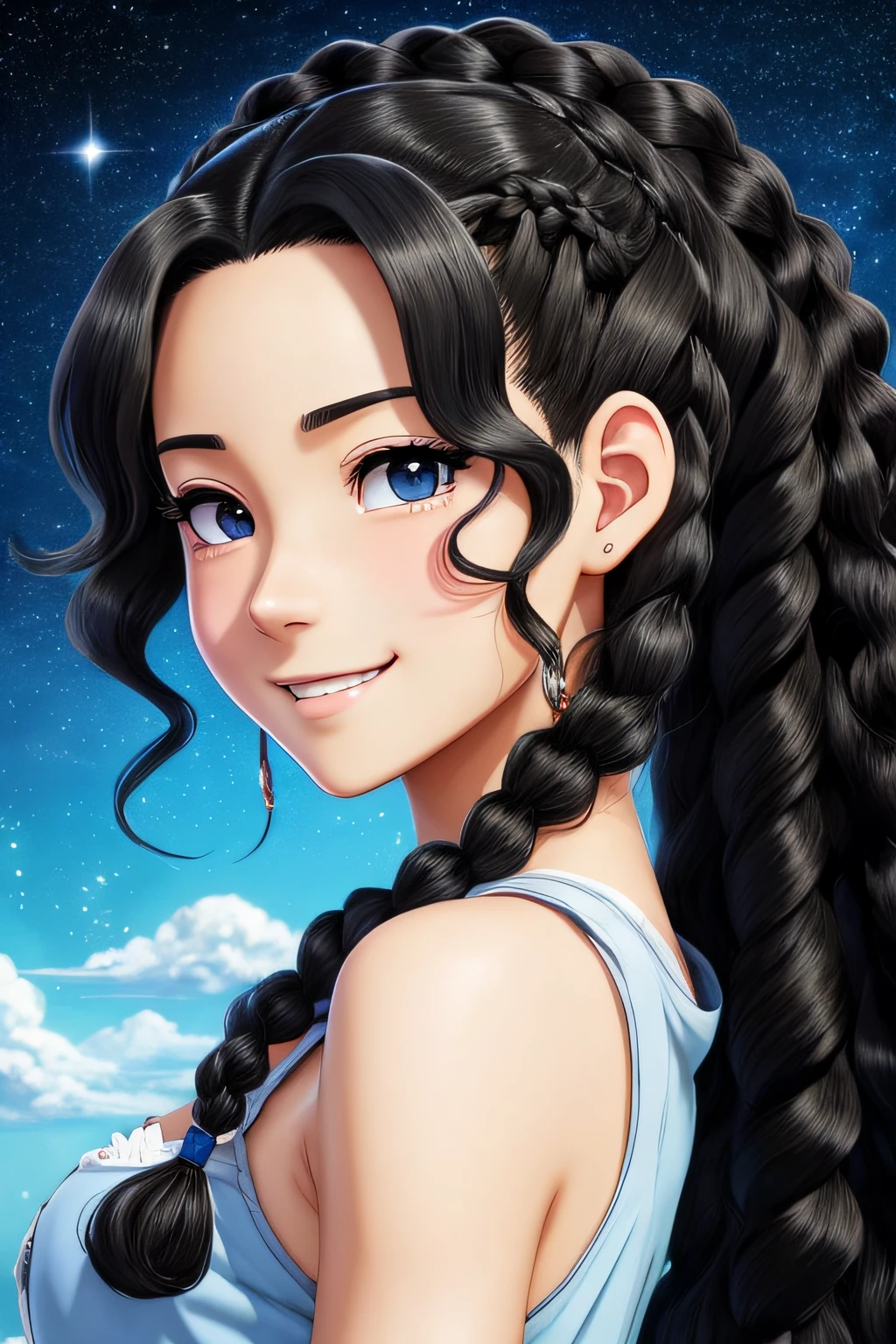 Black hair, Anime, Ghibli, Anime style, close up, From Side, One-person viewpoint, 8K, Super Detail, masutepiece,Super Detail, High quality, High resolution, high detailing, Outer space background, Face Detail, Happiness, Curly hair, Blue eyes、With smiling eyes、Curly hair in braids、poneyTail、
