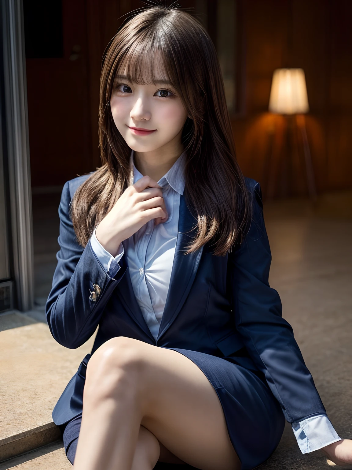 (masutepiece:1.3, Photorealsitic:1.4, 8K), top-quality, masterpiece, 超A high resolution, Perfect dynamic composition, Highly detailed skin and facial texture:1.3, A detailed eye, Detailed limbs, 1girl in, Cute sexy slim woman, Fair skin, ((Sense of clarity:1.1)), ((Huge chest on the verge of bursting:1.0, Do not show areola)), (A smile:0.9, Totally captivates you:0.9), (High School Girl Blazer Uniform:1.3), (Beautiful blue eyes, Eyes with a sense of beauty with a sense of transparency:0.85), Sexy face:0.4, red blush:1.1, (A mouthfeel that feels beautiful eros:0.85), Professional camera work, Grow Light Effect, ((View from the knee up)), ((Too erotic:0.9))