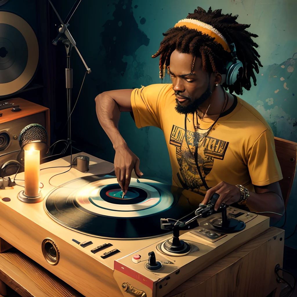 A vintage print that pays homage to the history of reggae, with spinning vinyl records, classic microphones, and retro elements reminiscent of the golden era of Jamaican music, all in a detailed composition that evokes nostalgia and authenticity.