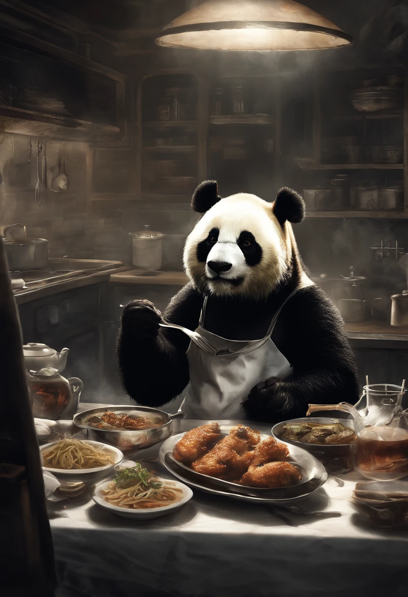 In the style of the stars of the Xing Xing art group, realisti, but romantic, Young protagonists, Realistic hyper-detail,    Capture a touching moment, When a giant fluffy panda in a chef's apron, with Prvar's hat on his head,  Standing at the stove in a restaurant., Crowded restaurant, Old Vintage BD Restaurant, People look at him, Savoring a plate of nasi lemaka, Fried Chicken, and a glass of ice cutie. A panda's face should glow with pure happiness and wonder, With a smile on his face, no matter, What To Try For The First Time – Your Favorite Chicken Wings , 4k, Good lighting from large windows, 真实感, Smoke effect, A lot of smoke, The kitchen is lit in the background,