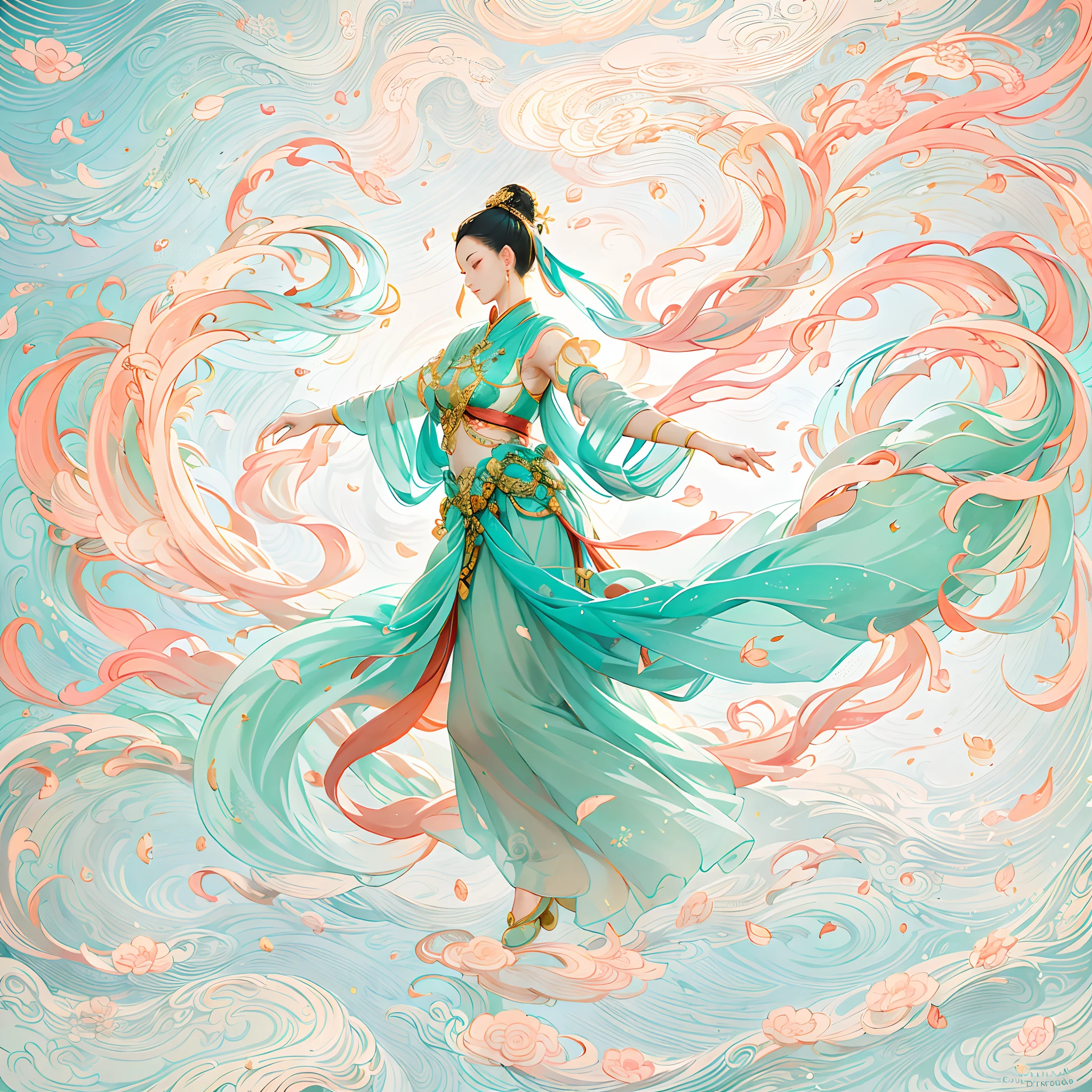 Dunhuang style, Dancing in the sky, ancient chinese beauti, Silk Hanfu, Tulle ribbon, Beautiful dance moves, Ink painting style, Clean colors, decisive cutting, White space, freehand brushwork, Soft lighting,dreamy glow, ( Bokeh),Masterpiece, Super detailed, Epic composition, Highest quality, 4K,