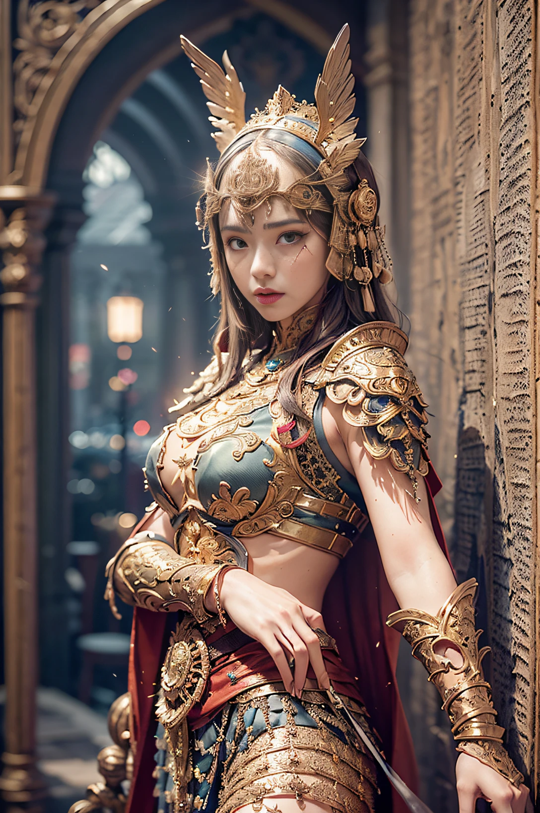 ((Masterpiece))), ((Best Quality))), ((Ultra Detailed)), (Surreal), (Highly Detailed CG Illustration), Cinematic Light, Realistic, Very Beautiful Young Lady,Sexy, Light Makeup,, Intricate Details EABA, Red Cloak, Spear