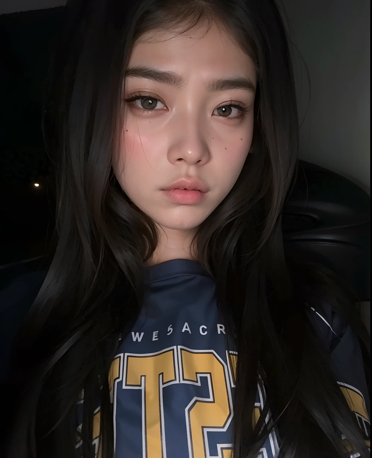 Mujer con pelo largo y negro en un coche, asian guy, ella tiene una cara linda, sin maquillaje, pale, muchacha coreana