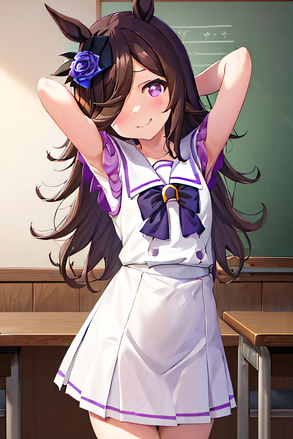 (rice shower \(umamusume\)),(masterpiece),illustration,brown dark hair,long hair,purple eyes,swept bangs,long bangs,long hair, small breast,hair covers right eye, school uniform, smile, close mouth, classroom, upper body, looking at viewer, school, arms behind head, contrapposto, spread armpit,