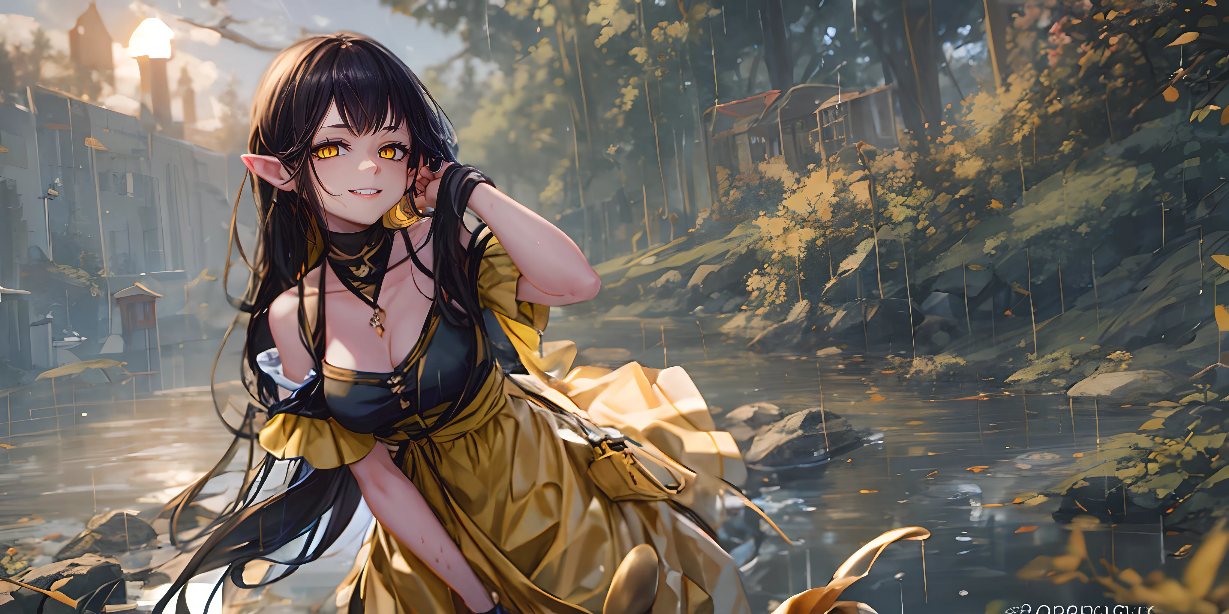 (shaded face:1.2), hollow eyes, yellow eyes, looking at viewer, heavy breathing, smirk, uppert teeth, long_hair, pointy_ears, yellow_eyes, black_hair, very_long_hair, bangs, breasts, long_hair, black_hair, solo, blue_eyes, rain, blush, outdoors, shirt, smile, wet, cleavage, bangs, looking_at_viewer, large_breasts, sky, collarbone, water, hair_between_eyes, black_shirt, closed_mouth, sidelocks, standing, short_sleeves, river, "glow effects, godrays, Hand drawn, render, 8k, octane render, cinema 4d, blender, dark, atmospheric 4k ultra detailed, cinematic, Sharp focus, big depth of field, Masterpiece, colors, 3d octane render, 4k, concept art, trending on artstation, hyperrealistic, Vivid colors, extremely detailed CG unity 8k wallpaper, trending on CGSociety, Intricate, High Detail, dramatic",