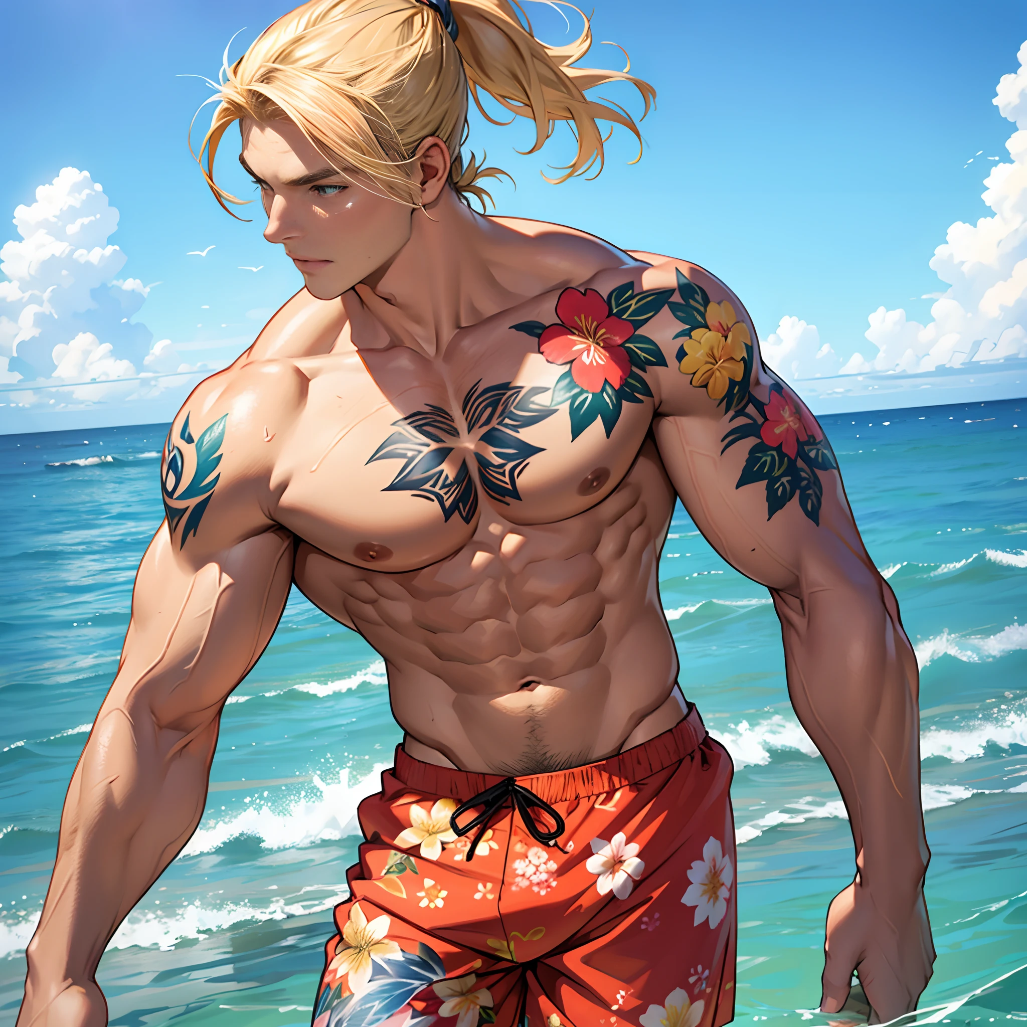 Surfer dude, only wearing floral print swim trunks, muscular, male, sharp jawline, ocean background, blond hair in a ponytail, flower tattoos