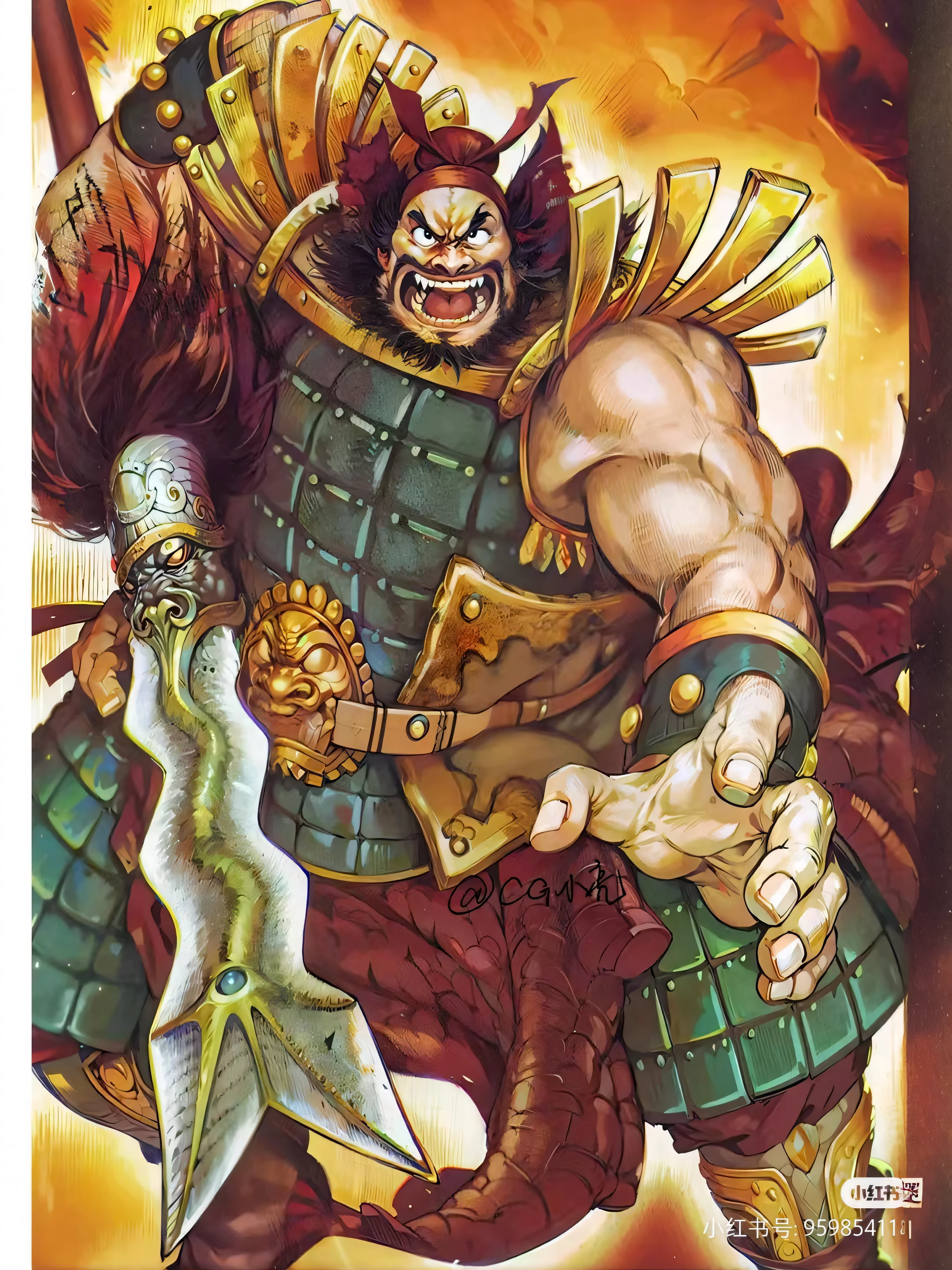 Cartoon image of a man holding a sword and a demon, inspired by Li Kan, epic full color illustration, Inspired by Hu Zaobin, fire giant, Akira in Chinese mythology, asura from chinese myth, the god emperor of mankind, naranbaatar ganbold, wario as the armored titan, mark brooks detailed