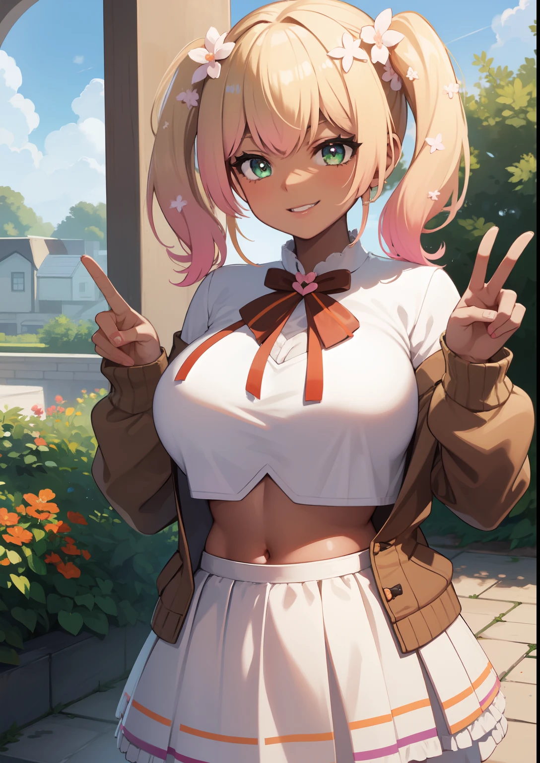 darkskin++++, tanned, dark brown skin1:5, orange hair+++, twintails++, pink eyes+++, big breast+, plump lips, thick lips, bow symbol++, heart symbol++, detailed eyes, 4 k digital art, HD+, white skirt, pink cardigan, white crop top, hard , big lips+, smirk, wide eyes+, rainbow in background+, close up, peace sign+, garden background, sun shine+, sky view, detailed background,