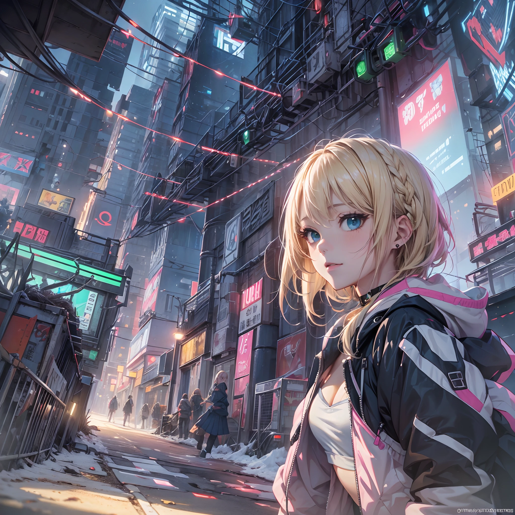 (masterpiece),(top-quality:1.2),1girl in,(masuter piece:1.3),exquisitedetails, Highest quality 8K resolution, Ultra-detailed, Realistic, Vibrant colors, Soft tones, With warm and gentle lighting, (Cyberpunk:1.3),Anime Face、extremely beautiful face and eyes,Naughty smile、sexy pose,(blondehair:1.4) 、(Short low twin tail),(Pink Open Hoodie),(cleavage:1.2)、Blushing,deep in the night、You can see the sea in the distance、(starrysky)、iridescent lighting、Building Light、(Diamond Dust:1.3)、Superb view、a choker、small earring、(Black Plaided Pleated Skirt),IsometricFuture, Anime Style School, Isometric cutaway, (Urban landscape of the near future), depth of fields, Full-HD,(Rim lighting:1.4), Vivid and sharp cinematic lighting, shadowy, chromatic abberation, Art by Art Germ, Greg Rutowski, Square Enix, unreal enginee 5, FXAA, IsometricFuture、Pink light、purple lights、(Yellow-green light:1.5)、(Cyber City)、(Near Future City:1.3) ,(short twin-tailed blonde hair:1.3),(Hair parted in the middle:1.3),(Dark blue eyes:1.3),White skin, hair clips,Warm golden glow,The artwork is a masterpiece,