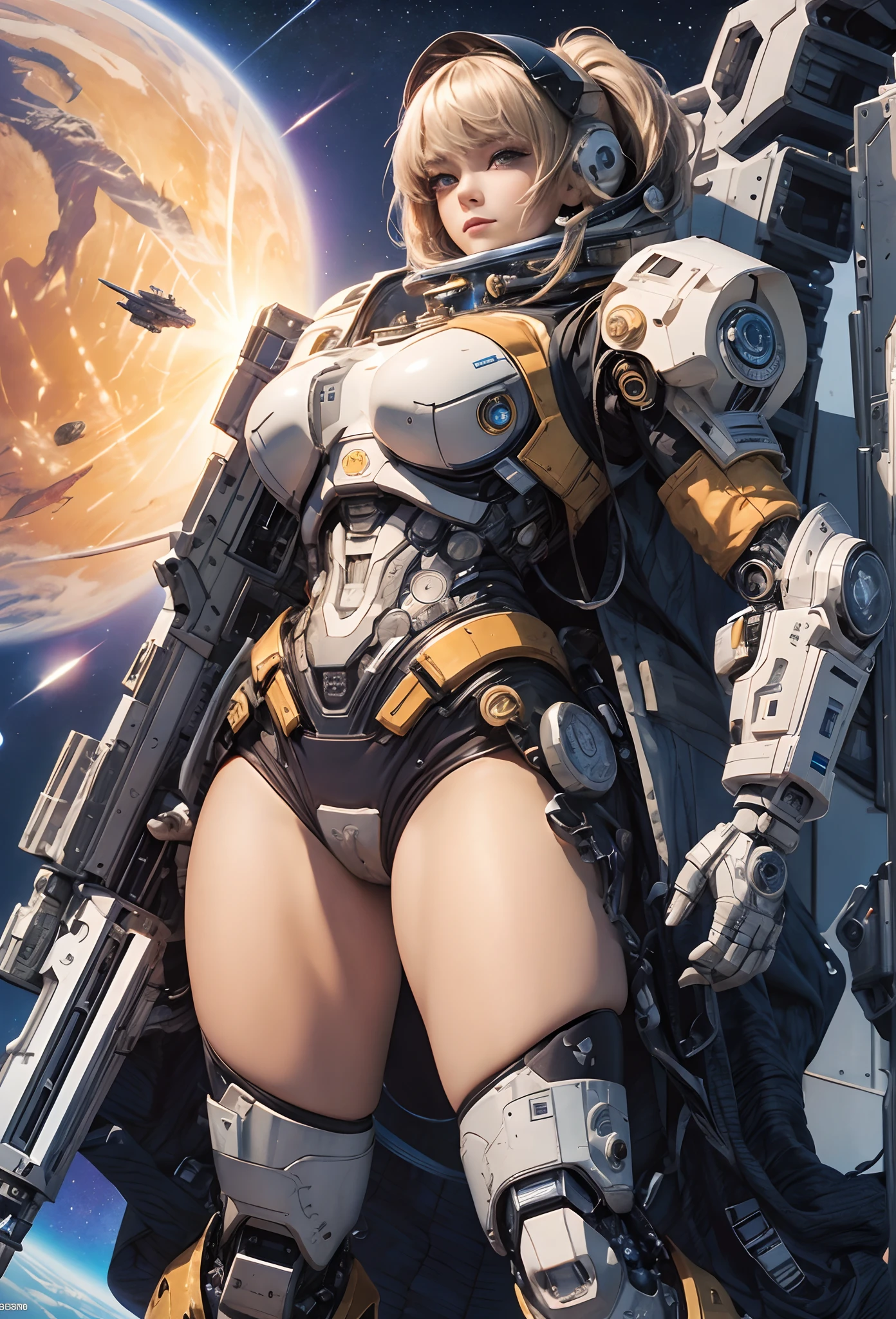 (Detailed illustrations,Very detailed and detailed drawing,Delicate lines with slow and rapid,Realistic texture expression),[Color tressed main line],(Space Battlefield [Space Mobile Fortress]),[独奏],HENTAI (((ANIME) BIONICGirl) Beauty 15 years old ((well-muscled) [plump])) (Astronauts Cyborg) [Space Marine Corps Military [MASCHINEBODY]],Bullet Belt Javelin [[Firearms, Machine Guns, Bazookas] Saber Rifle ][[Rocket Pack]],Zero Gravity Front,gravure [[White Devil] [Outer space combat]] Battle Damage,[retro-futuristic],(Intricate and beautiful decoration [Dense detail]),(Fine and beautiful skin expression [Transparency]),[Perfect eye details (Iris beautifully drawn in every detail)[Jewel-like eyes]],[long and beautiful eyelashes],[Meticulously drawn hair [More on beautiful and shiny hair]],(Perfect hand details [Beautiful fingers without breakdowns [Beautiful nails]]),(Perfect Anatomy(Perfectly proportioned))[[Full body like]],[[Design built to the highest level]][Ideal color coordination(Accurate simulation of light-material interactions)],([Precision Detail](detaileds,high-detail)),[Visual art that conveys a sense of narrative].