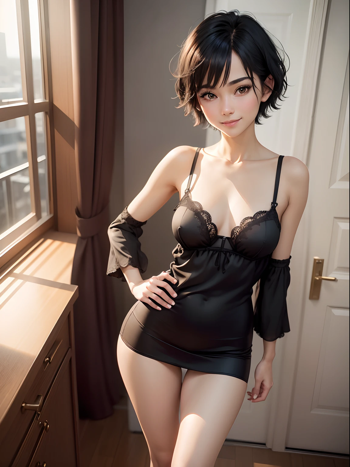 (8K, Best Quality, masutepiece:1.2), (Realistic, Photorealsitic:1.37), Ultra-detailed,((( 1 girl))),Solo,Beautifully detailed hotel suites,Night,at hotel's room,(nose blush),(Smile:1.15),(Closed mouth) Small breasts,very skinny legs,Beautiful detailed eyes,(Shirt:1.1), Night, (Short hair:1.2),Floating Hair NovaFrogStyle, ((Full body)),to stand, Sexy, Cute,Short black hair,White underwear,Happy,Chest exposed