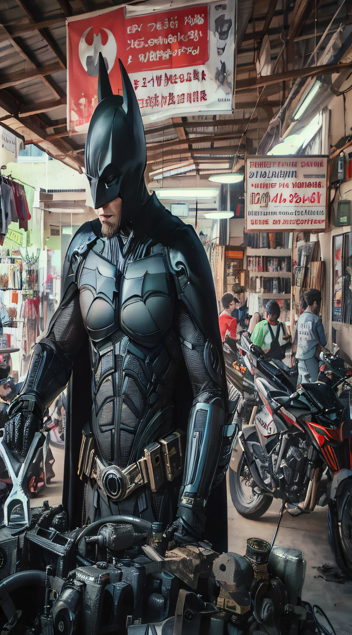 batman standing in a shop with a lot of motorcycles, ryan renolds as batman, batman mecha, japanese dc live-action movie, in batman movie still cinematic, from movie batman, batman, film still of batman, inspired by Rudy Siswanto, 8k 28mm cinematic photo, cinematic. by leng jun, in batman