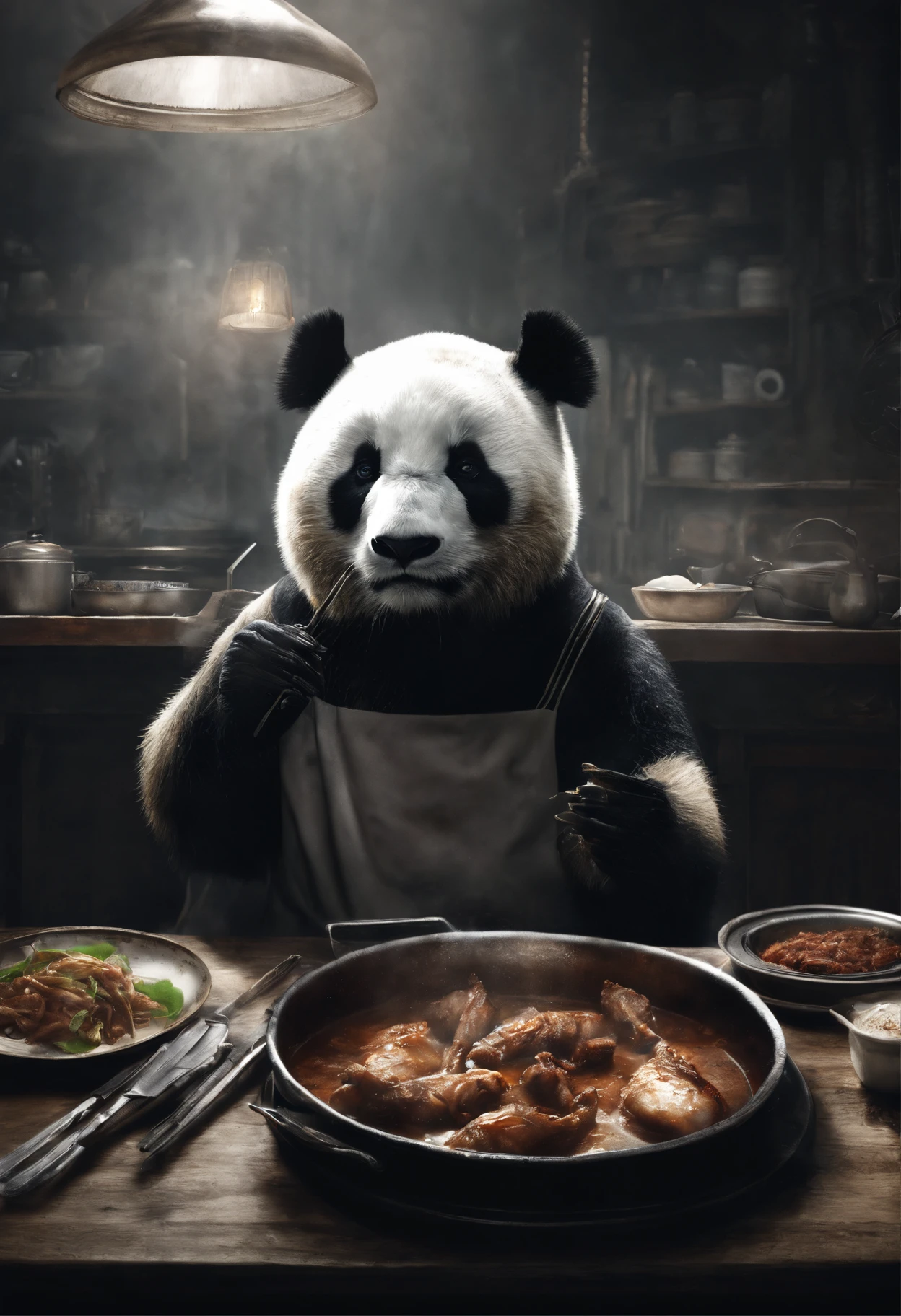Realism, 真实感,   In the style of the stars of the Xing Xing art group, realisti, but romantic, Young protagonists, Realistic hyper-detail,  Capture a touching moment, When a giant fluffy panda in a chef's apron, with a Praar hat on her head,  Standing behind the stove in a restaurant., On the stove there is a skuward with other meat. Crowded restaurant, Old Vintage BD Restaurant, People look at him, Savoring a plate of nasi lemaka, Fried Chicken, and a glass of ice cutie. A panda's face should glow with pure happiness and wonder, with a smile, no matter, that it's the first time, to try this favorite chop, 4k, Realistic Lighting, Realities, Smoke effect, Lots of light, The kitchen is lit in the background,