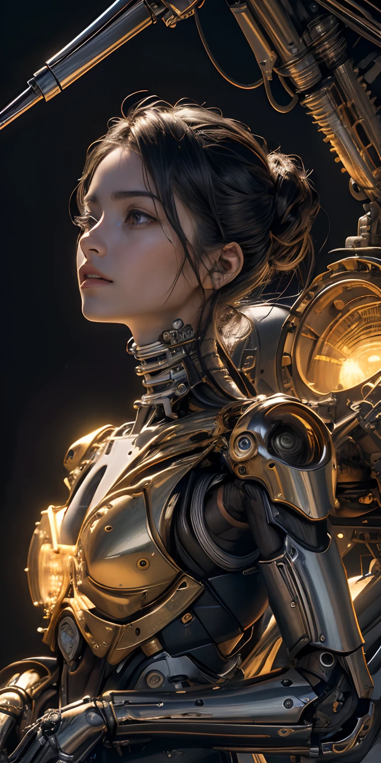 Beautiful photograph of a mechanical woman ((realistic details)), cinematic illumination, shadows and light, octane render, 8k, ultra sharp,metal,intricate, ornaments detailed, cold colors, Babylonian theme, highly intricate details, realistic light, trending on ArtStation, glowing eyes, facing camera, neon details, mechanical limbs,blood vessels connected to tubes,mechanical vertebra attaching to back,mechanical cervical attaching to neck,wires and cables connecting to the head, ((depth of field f/2.8))