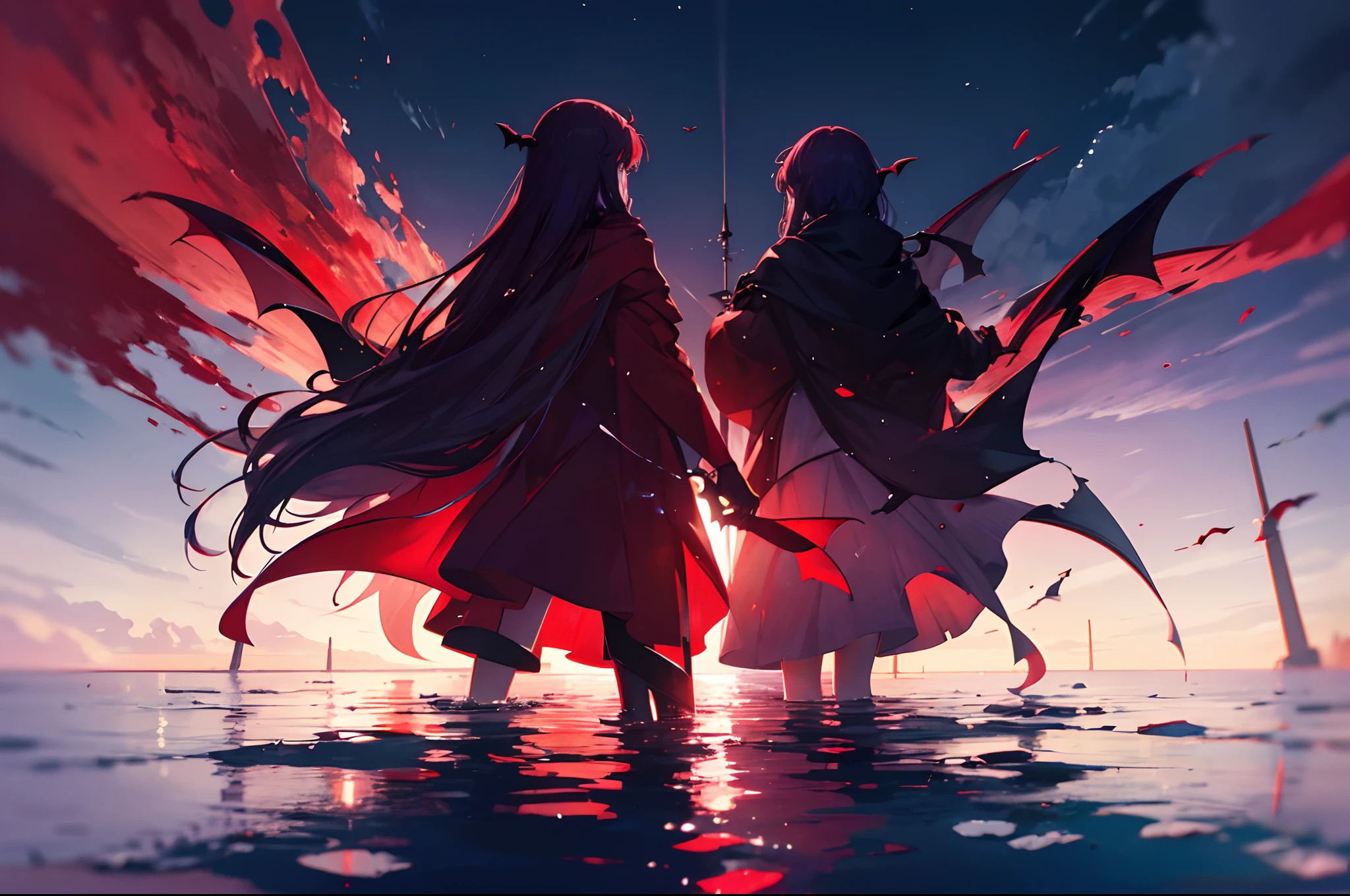 red colored;themoon;mare, nffsw, hight resolution, 4K, Vampires on the surface of the water, standing on water
