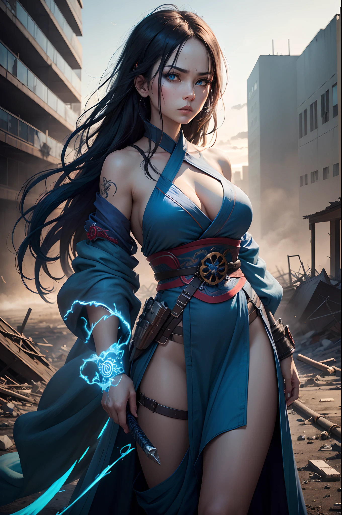 "Craft an image of a woman adorned in a striking blue kimono, her hair flowing in vibrant azure waves. Her eyes, captivating with heterochromia in shades of blue and red, reflect a fierce determination. In this apocalyptic setting, she stands as a symbol of strength, gripping a katana with skilled hands. The lighting casts an ominous glow, emphasizing the intensity of the scene. The tattered remnants of a once-thriving cityscape or a desolate landscape form the backdrop, enhancing the atmosphere of resilience. Capture the essence of this warrior, her gaze piercing through the chaos, ready to face the challenges of a post-apocalyptic world."