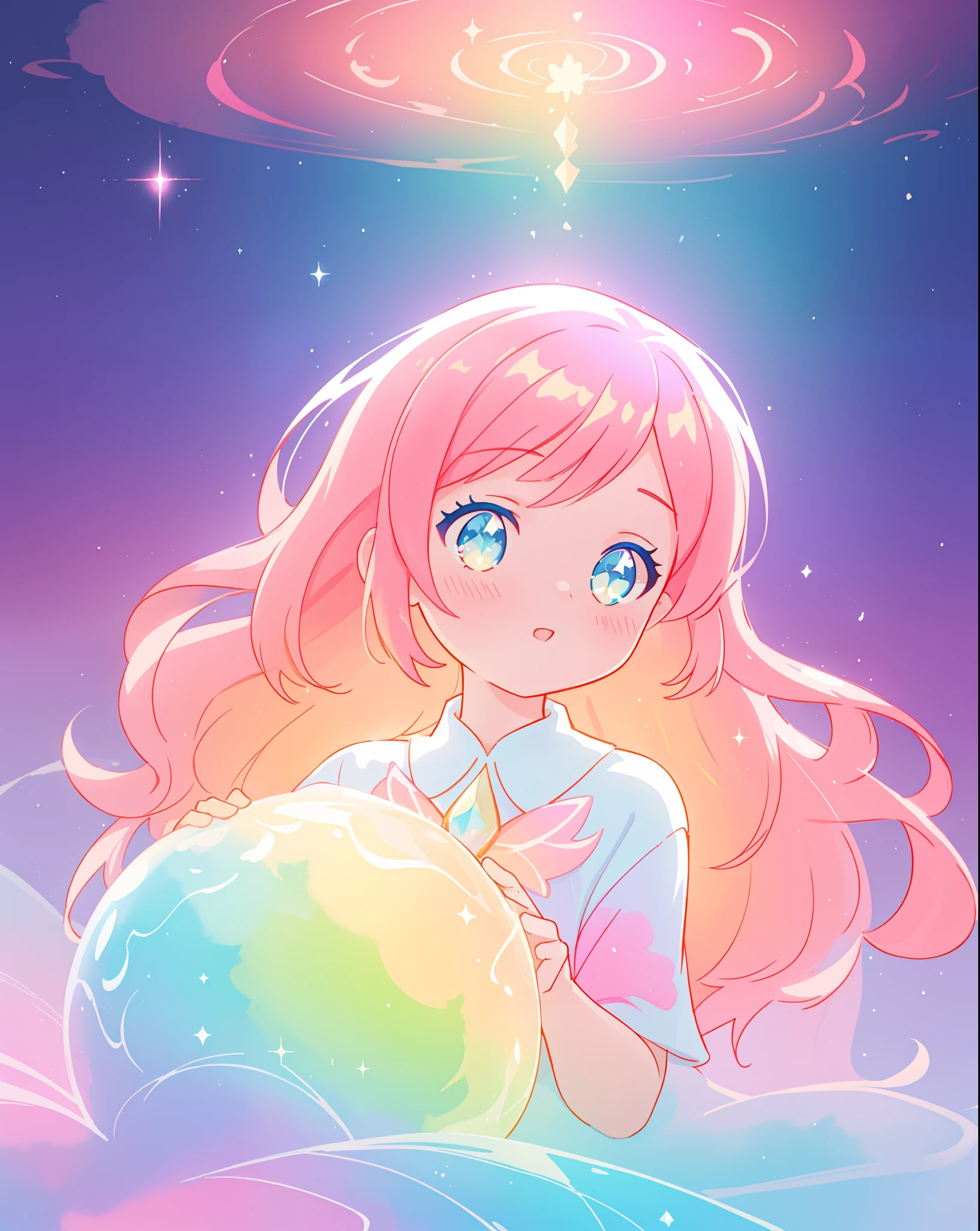 beautiful girl in sparkling gradient ballgown, long wavy peach pink hair, vibrant pastel colors, (colorful), colorful watercolor background, ethereal, magical lights, sparkling liquid light, inspired by Glen Keane, inspired by Lois van Baarle, disney art style, by Lois van Baarle, glowing aura around her, by Glen Keane, jen bartel, glowing lights! digital painting, flowing glowing hair, glowing flowing hair, beautiful digital illustration, fantasia background, whimsical, magical, fantasy, beautiful face, ((masterpiece, best quality)), intricate details, highly detailed, sharp focus, 8k resolution, sparkling detailed eyes, liquid watercolor