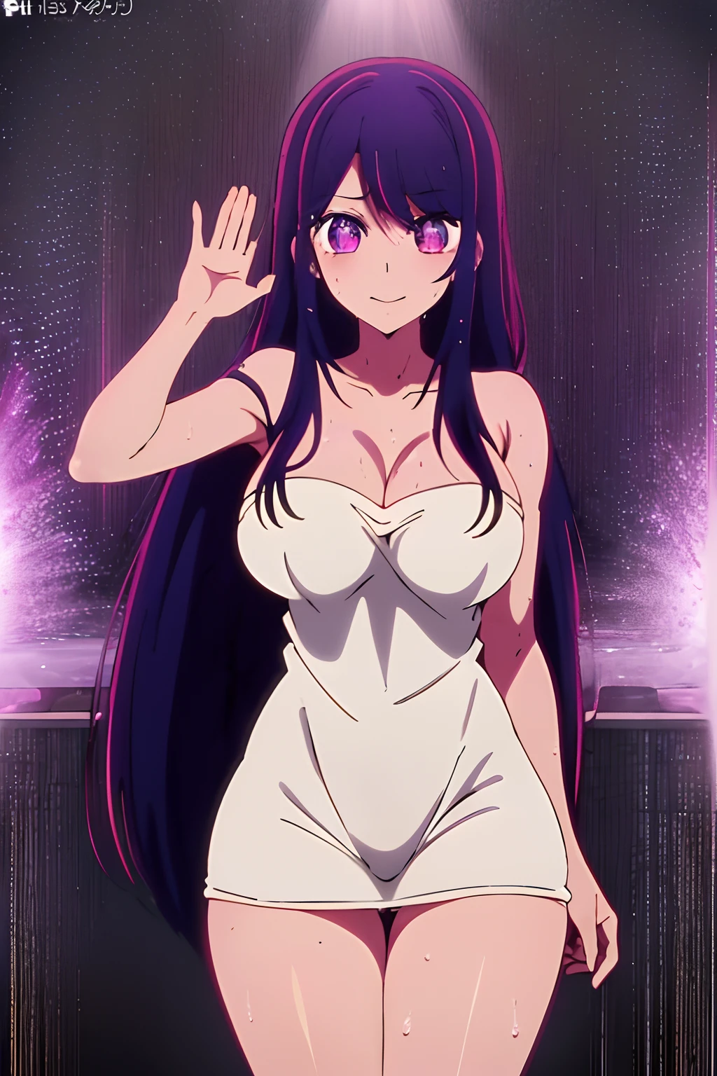 1 girl, solo, Ai Hoshino, purple eyes, black hair, very long hair, anime screenshot, ((solo, 1 girl, idol)), masterpiece, soft smile, shiny, ((big breasts, wide hips , wide thighs young woman)), ((bathing, steam, wet hair, modern bathtub, water))