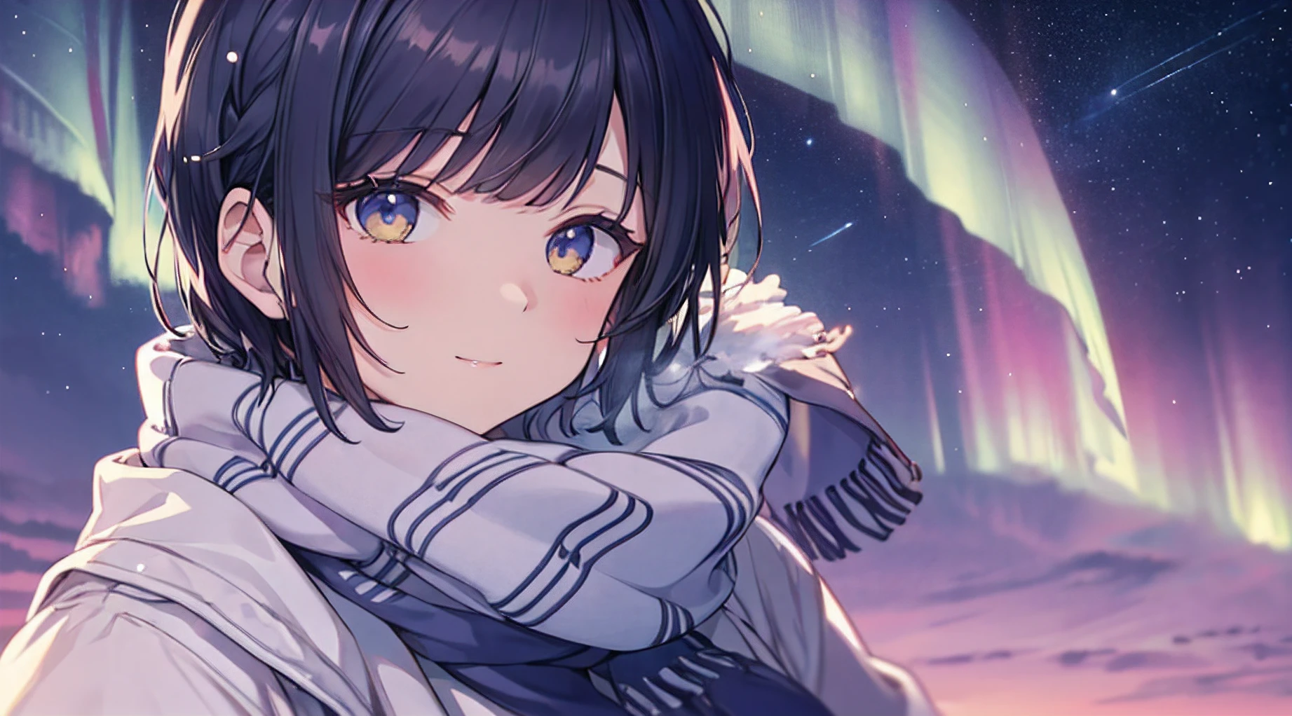 Snow Back Dark Yellow Short Hair Happy Snow Aurora Shooting Star Finger Sky Scarf