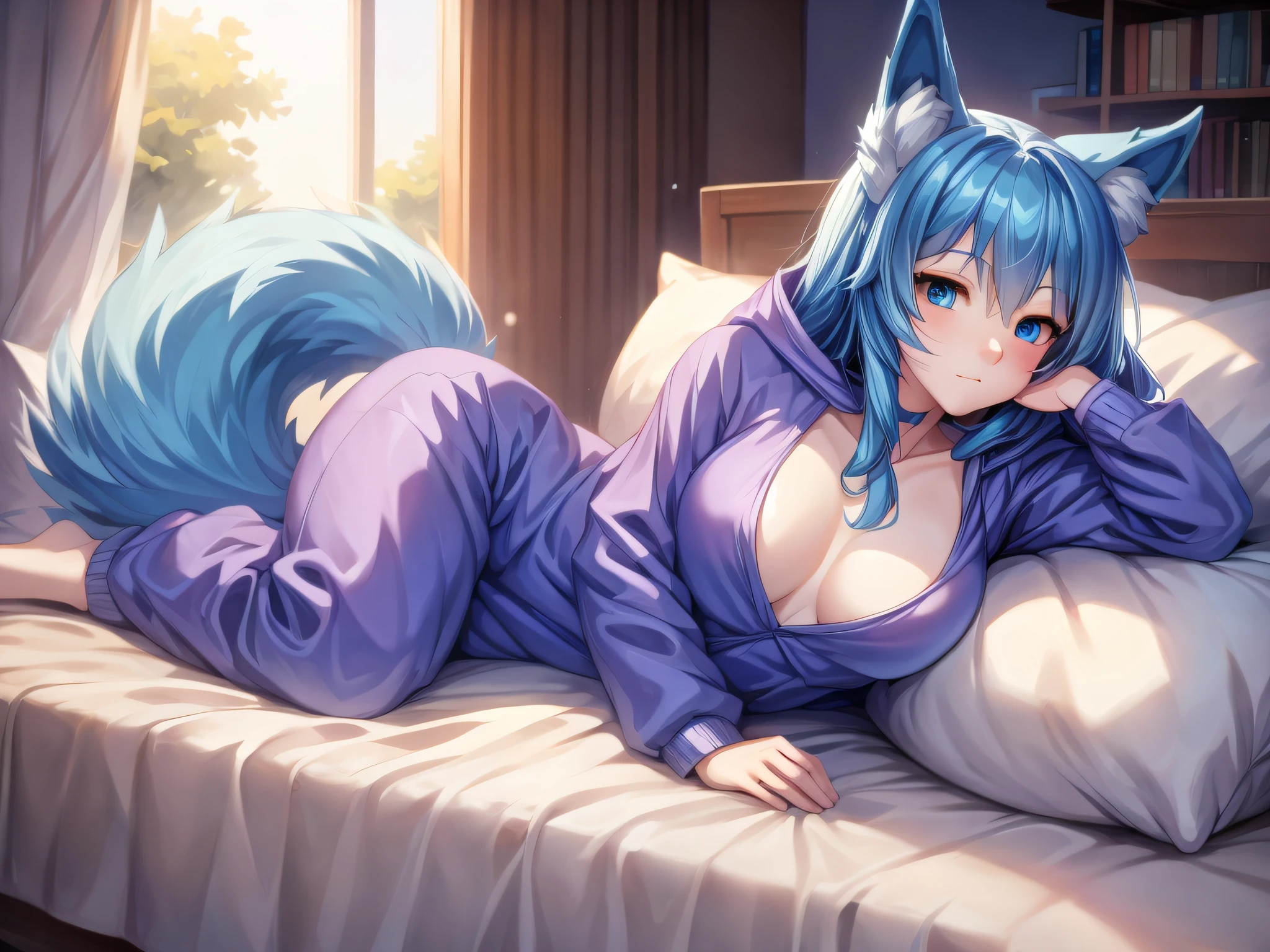 (Masterpiece) (High Detail) (High Res) A short humanoid girl with pale skin and blue eyes and long blue hair and blue dog ears and a big fluffy dog tail is laying on her bed alone dressed in a purple onesie.