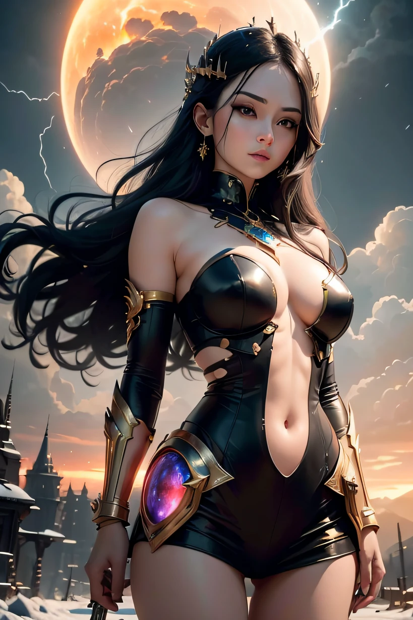 Realistic visual effects,attractive and beautiful,dramatic contrasts,Gentle lighting,delicate warmth,Soft light,hyper HD,highly colorful,best qualtiy,Snow White skin,8K High Quality,Sexy Goddess,A pair of large eyes is beautiful and moving,White skin,makeup,Sexy Outfit,Armed with futuristic modern weapons,gold;jewely;Blue Electric,【Background with】Large gear,Large gear,Doomsday ruins,Giant tornado,strange sky,Lightning thunder,Sunset burns dark clouds,Multiple planets,The end of the world,Multiple planets,Mards,Jupiter,mercury,strange sky,Giant Tornado Super Futuristic Car,Cool headlights。