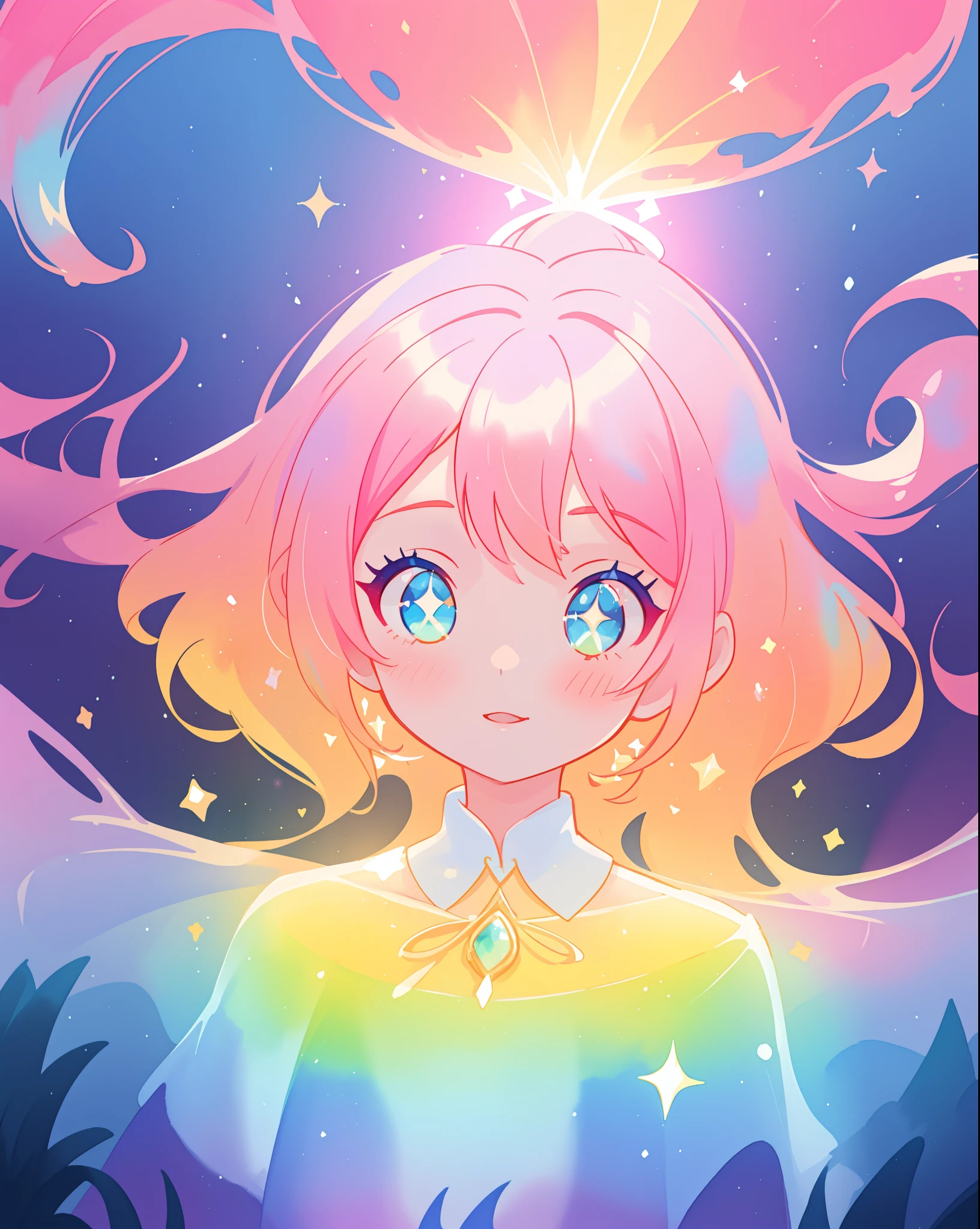 beautiful girl in sparkling gradient ballgown, long wavy peach pink hair, vibrant pastel colors, (colorful), colorful watercolor background, ethereal, magical lights, sparkling liquid light, inspired by Glen Keane, inspired by Lois van Baarle, disney art style, by Lois van Baarle, glowing aura around her, by Glen Keane, jen bartel, glowing lights! digital painting, flowing glowing hair, glowing flowing hair, beautiful digital illustration, fantasia background, whimsical, magical, fantasy, beautiful face, ((masterpiece, best quality)), intricate details, highly detailed, sharp focus, 8k resolution, sparkling detailed eyes, liquid watercolor