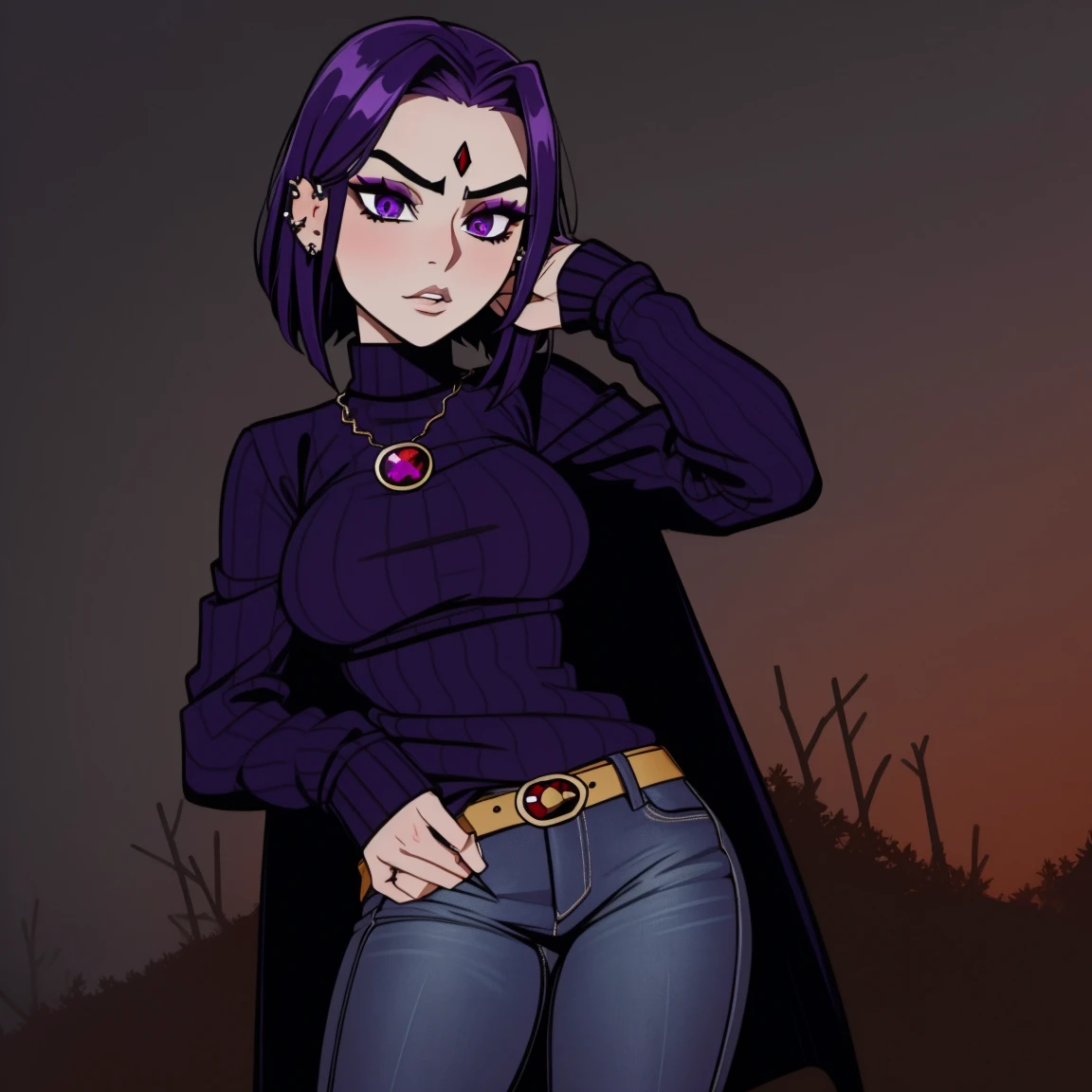 Raven, teen titans, purple sweater, jeans, jeans, jeans, nice ass, goth girl, autumn forest background, detailed, detailed, detailed, beautiful, detail, goth girl, masterpiece, purple clothes, red jewel centre head, dark night background, gothic, goth, goth, detailed, goth girl, piercings, detailed face, looking viewer, raven, (Dark eye shadow) dark eye shadow, black eye shadow, sweater, jumper, sweater, sweater