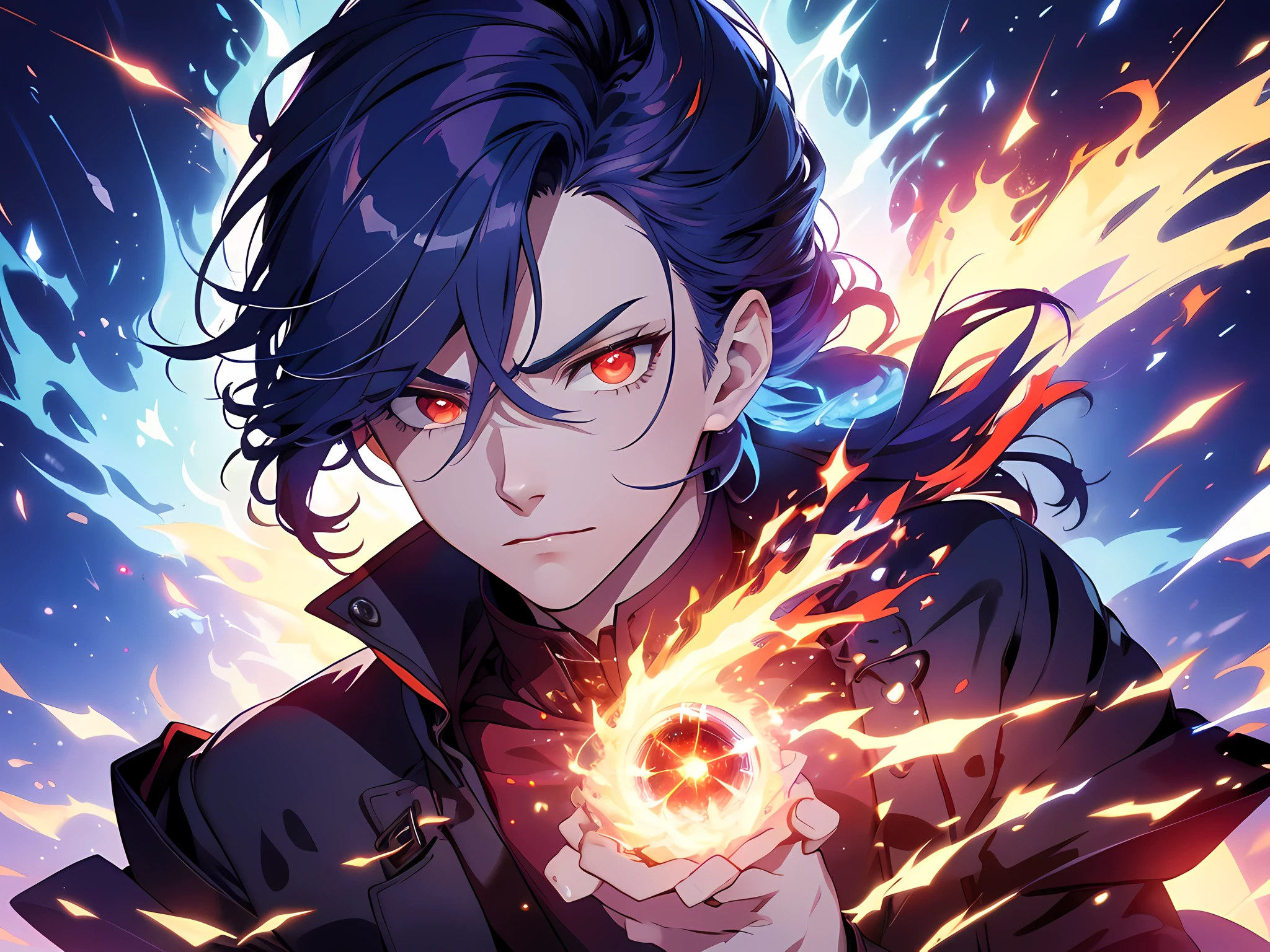 (ultra-detailed, perfect pixel, highres, best quality, beautiful eyes finely detailed), 19 years old boy, have power like demon god in manhwa, full of demonic aura, angry facial expression, red eye color (glowing red eyes), blue hair (half of his hair covered with blue flame), with aristocrat style outfit, elegant, detective, realistic fire, the background is full of magical particles and realistic blue fire. lens flare, glowing light, reflection light, motion blur, 8k, super detail, ccurate, best quality, Ray tracing.