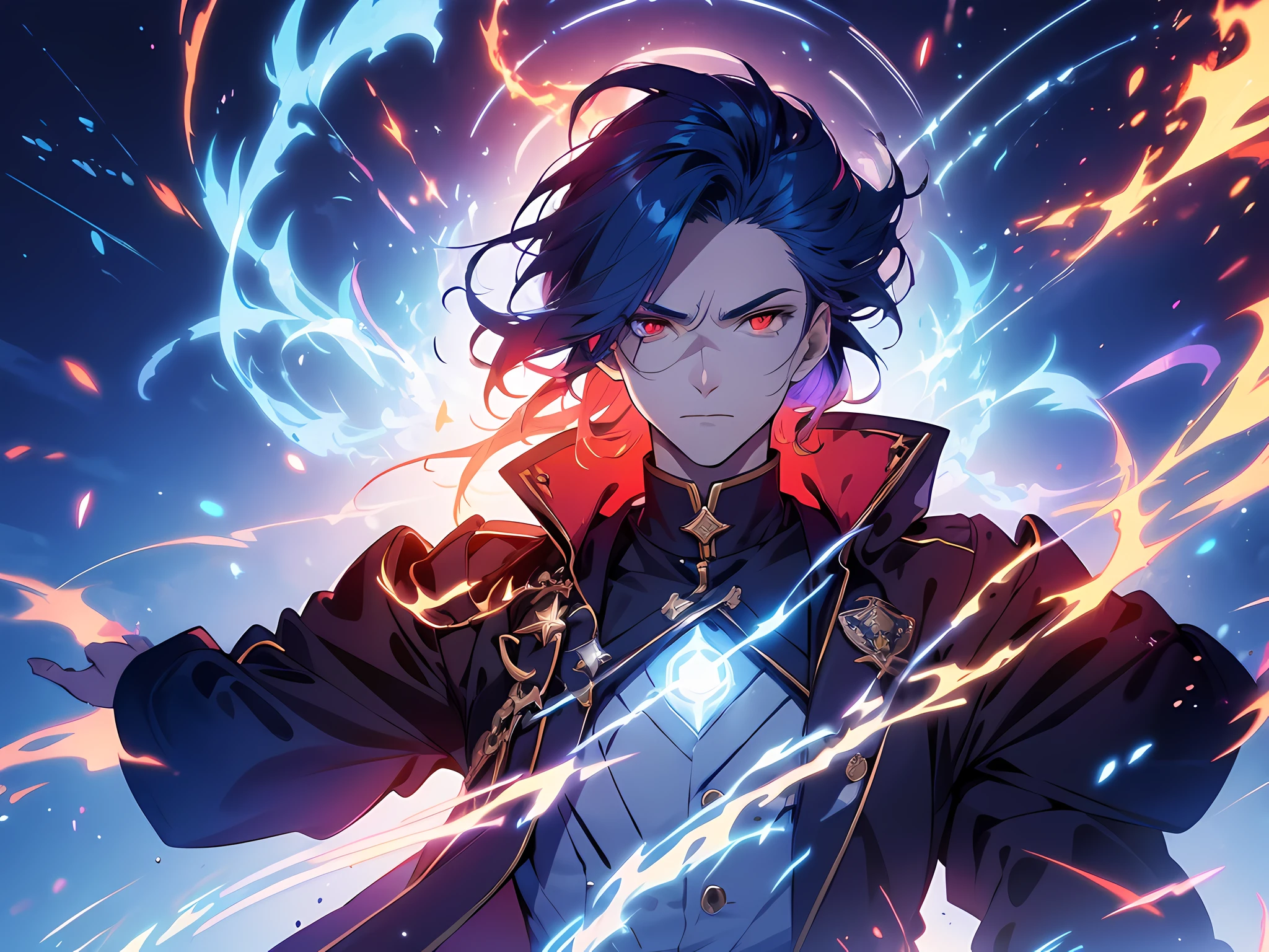 (ultra-detailed, perfect pixel, highres, best quality, beautiful eyes finely detailed), 19 years old boy, have power like demon god in manhwa, full of demonic aura, angry facial expression, red eye color (glowing red eyes), blue hair (half of his hair covered with blue flame), with aristocrat style outfit, elegant, detective, realistic fire, the background is full of magical particles and realistic blue fire. lens flare, glowing light, reflection light, motion blur, 8k, super detail, ccurate, best quality, Ray tracing.