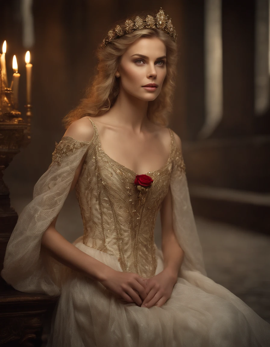 Cinematic portrait, ((medium body)), facing the audience, (Reality :1.3), the world's most beautiful artwork photo, a 20 years young charlize theron like Brook Shields smiling looking into the camera, European medieval court golden metalic dress, gorgeous, soft gauze, detailed beautiful face, light blond haired girl, with red rose hairpin on the side , action shooting, (intricate :1.4), medieval court background, Photo realistic, CG, art station arafed woman in a dress holding a bouquet of flowers, karol bak uhd, ethereal beauty, gorgeous woman, lovely bohemian princess, beautiful maiden, beautiful model, gorgeous young model, style of julia razumova, rosen maiden, beautiful fantasy maiden, romantic gown, portrait shot, a stunning young ethereal figure, ekaterina, monia merlo